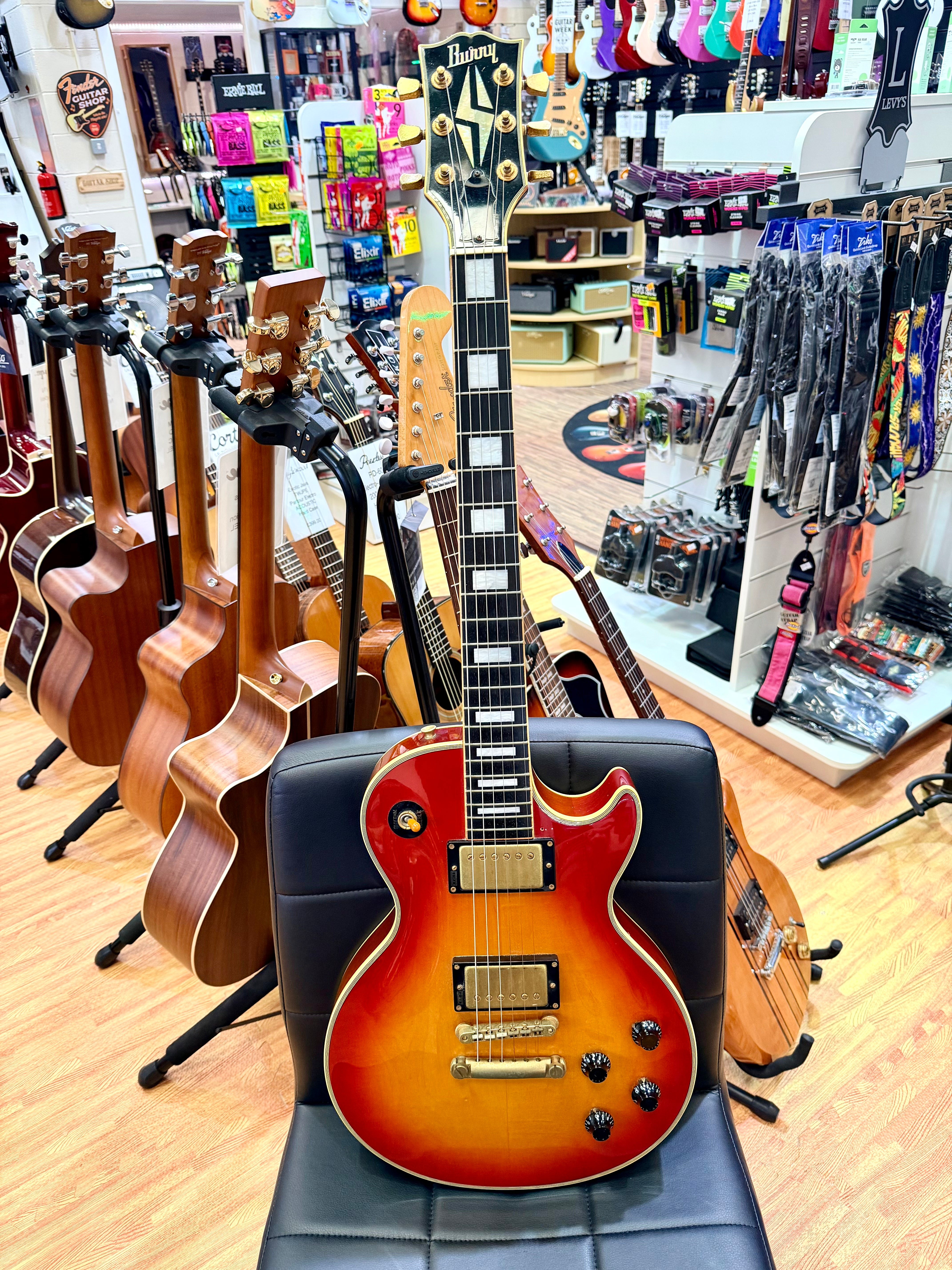 π₯1980βs MIJπ₯ Burny Les Paul Custom~ Cherry Sunburst~ Ebony~ Japan Import π―π΅