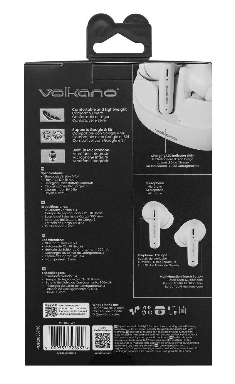 Volkano Jupiter True Wireless TWS Bluetooth Earphones - White