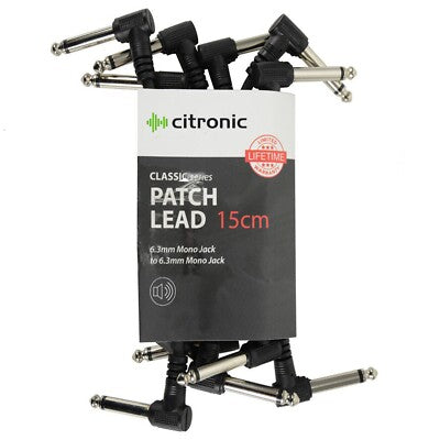 6x Guitar Patch Leads / Cables for Effects Pedals Pack of 6 15cm Black Citronic