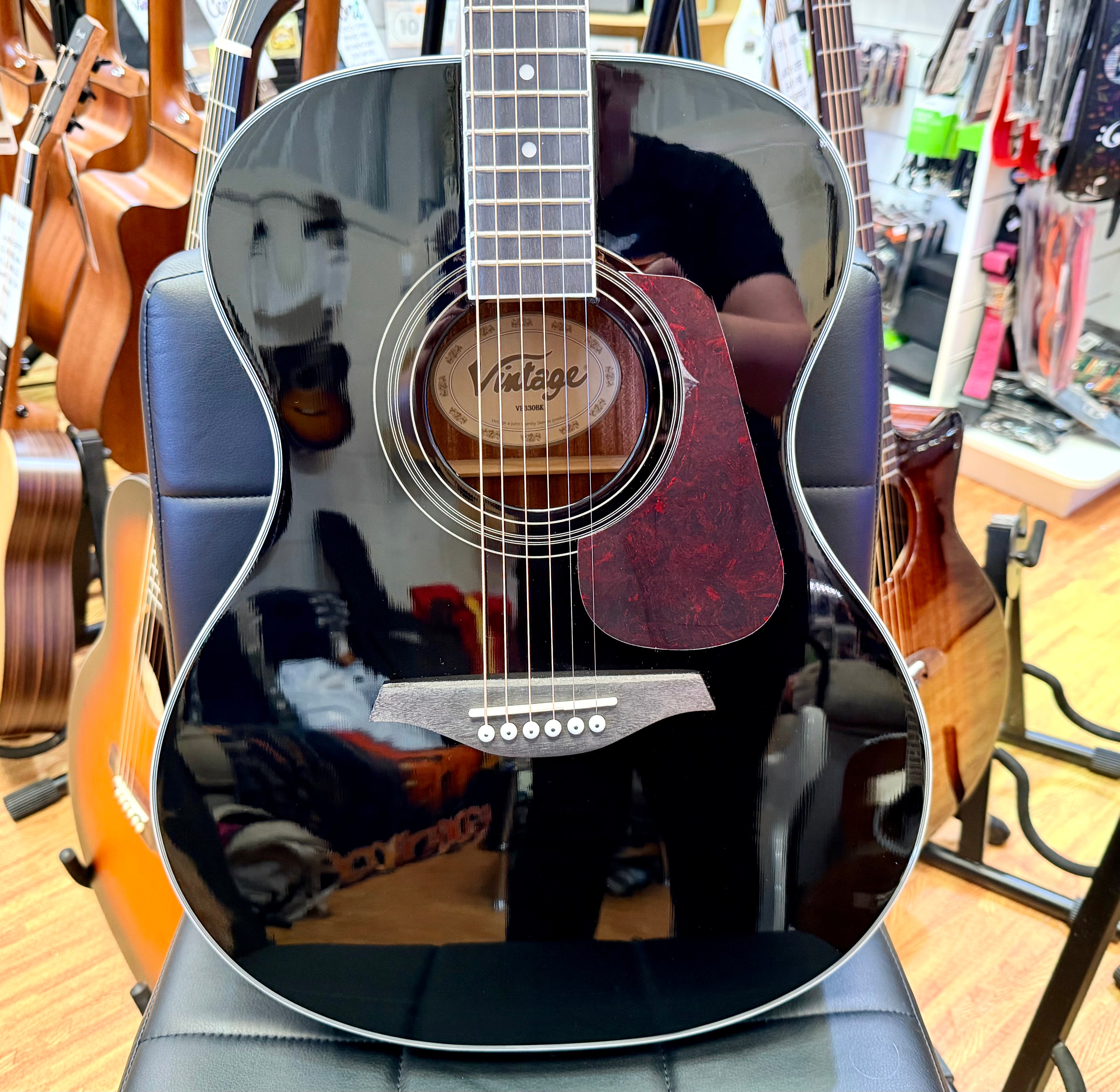 πNEWπ Vintage VE330 Electro Acoustic Guitar~ Gloss Black~ Solid Spruce Top!