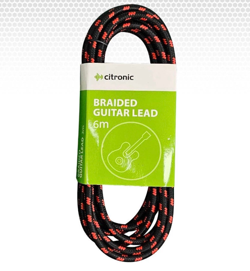 Citronic Braided Instrument Cable Straight/Angle Guitar Lead- Black & Red 6m