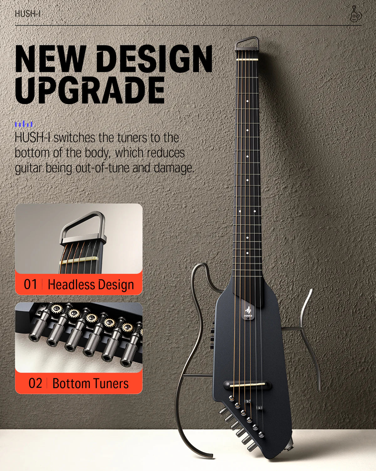 🌟NEW🌟 Donner HUSH-I Electro Acoustic Silent Travel Headless Guitar~ Black!