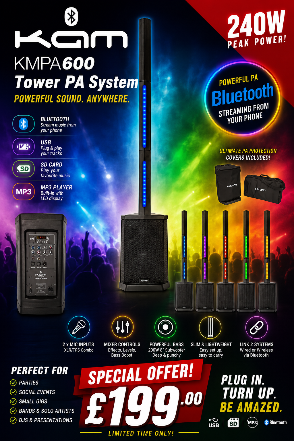 🔈 KAM KMPA600 Tower Compact PA System with Lighting Bluetooth MP3 Mic USB 🔈