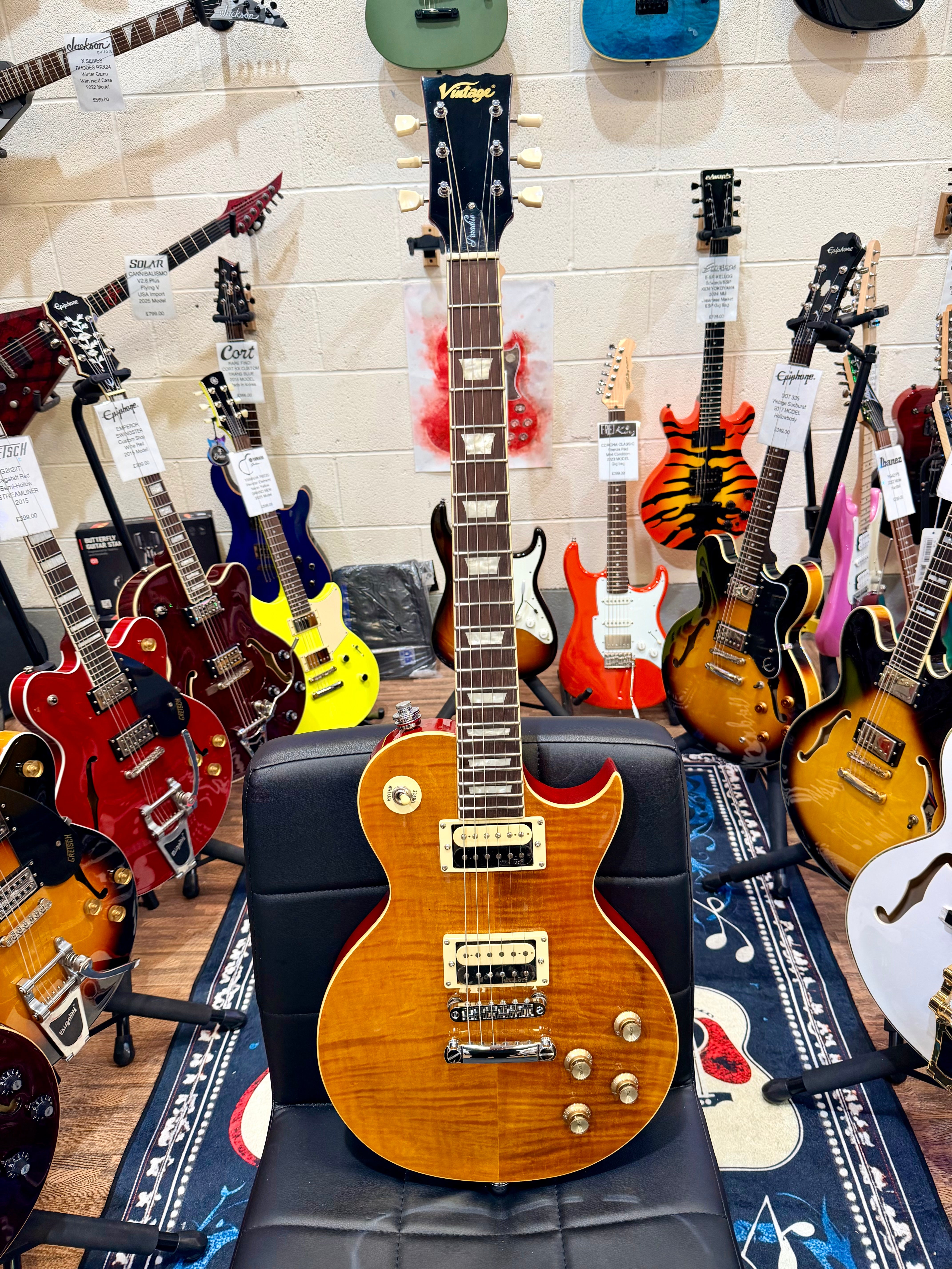 🔥B-STOCK🔥 NEW Vintage V100AFD Flamed Amber Paradise Electric Guitar~ Les Paul!