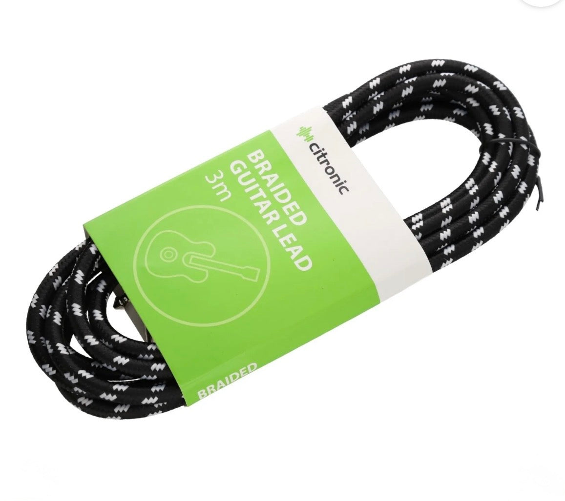 Citronic Braided Instrument Cable Straight/Angle Guitar Lead- Black & White 3m