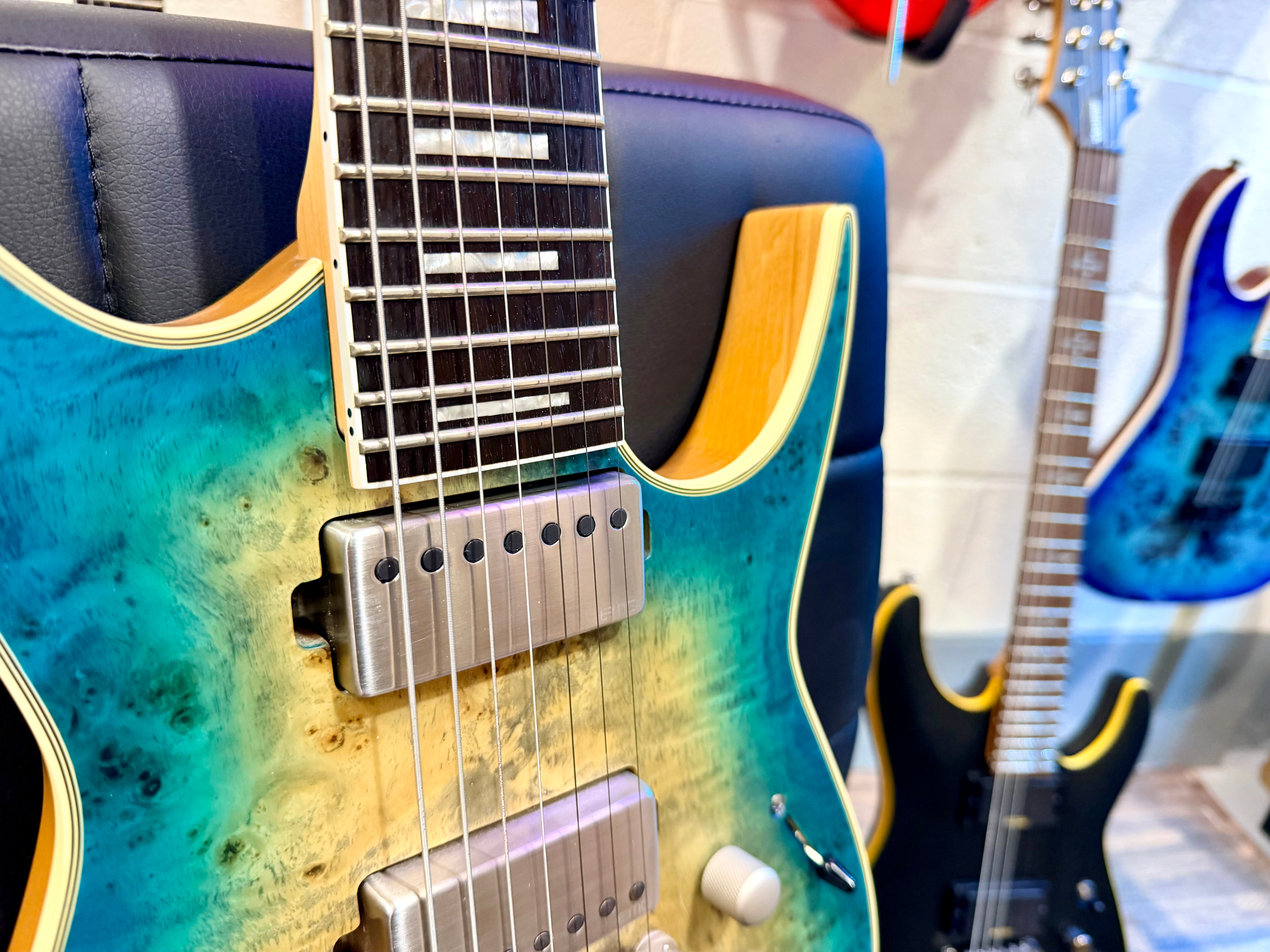 🔥2021🔥 Dean Exile Select 7-String Burl Poplar~ Satin Turquoise Burst~ Rare!