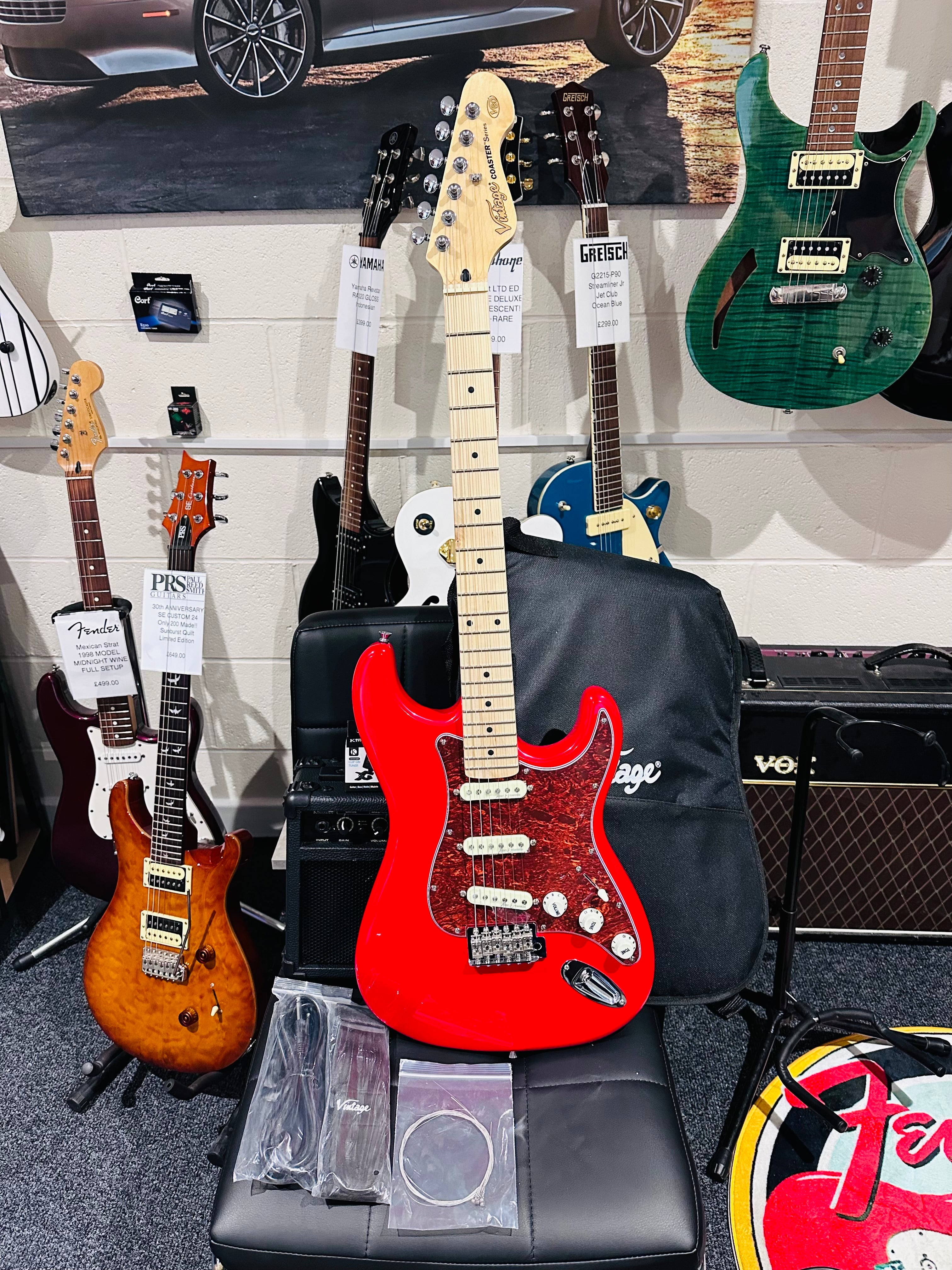 🌟NEW🌟 Vintage V60 Maple Coaster~ Electric Guitar Starter Pack Red~ Strat Style!