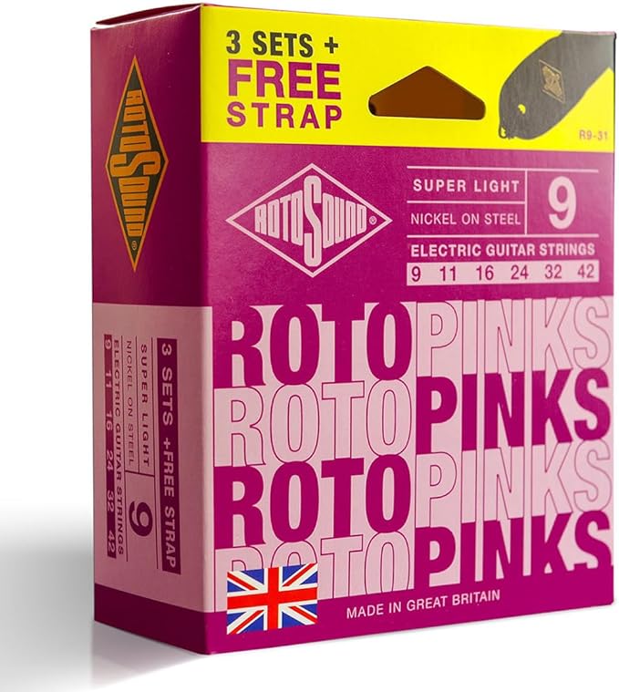 Rotosound R9-31 Electric Guitar Strings with Strap (Pack of 3)