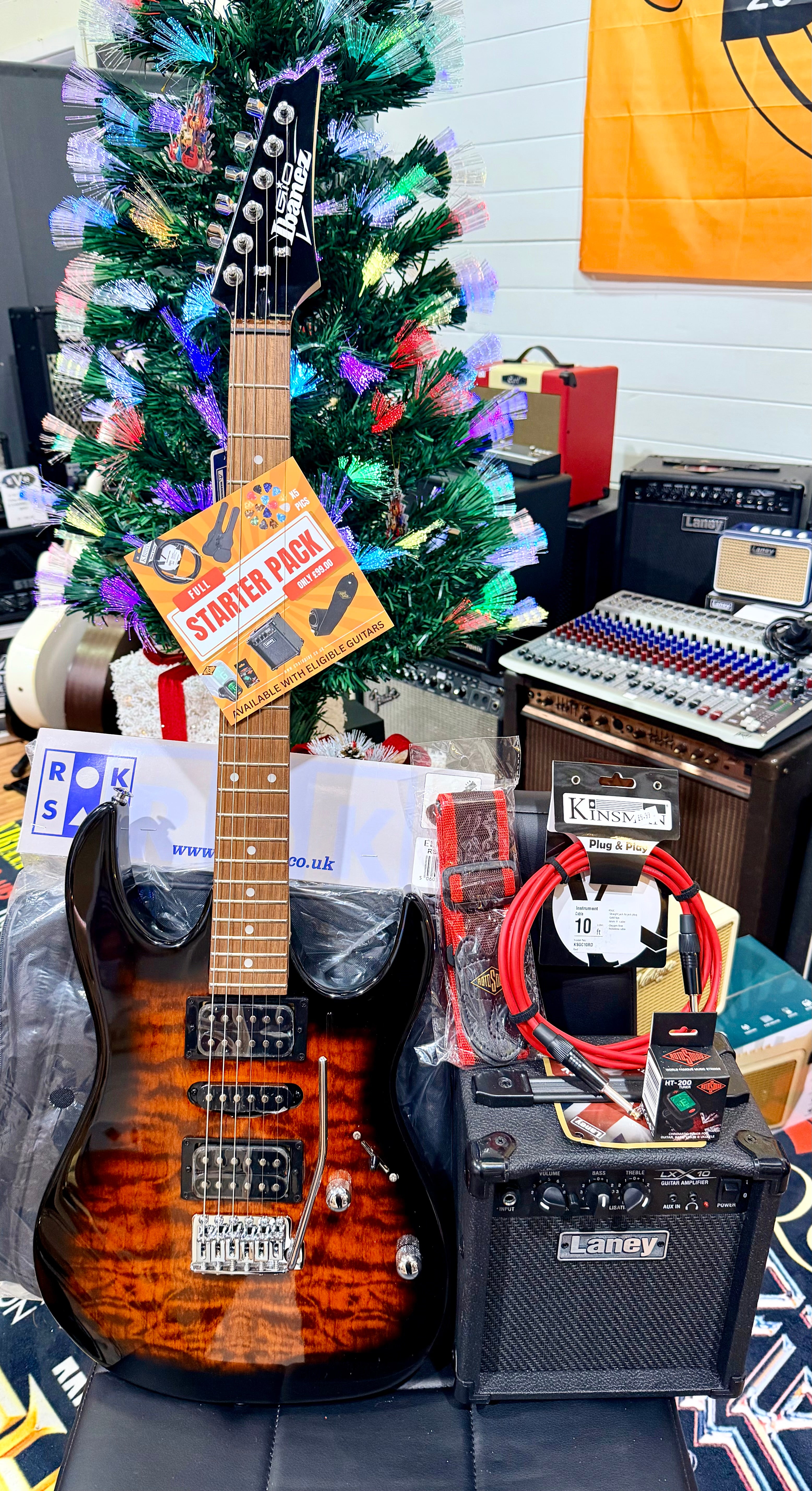 π ELECTRIC GUITAR STARTER PACK π Ibanez Gio GRX70QASB~ Trans Sunburst + Laney Amp, Bag, Tuner