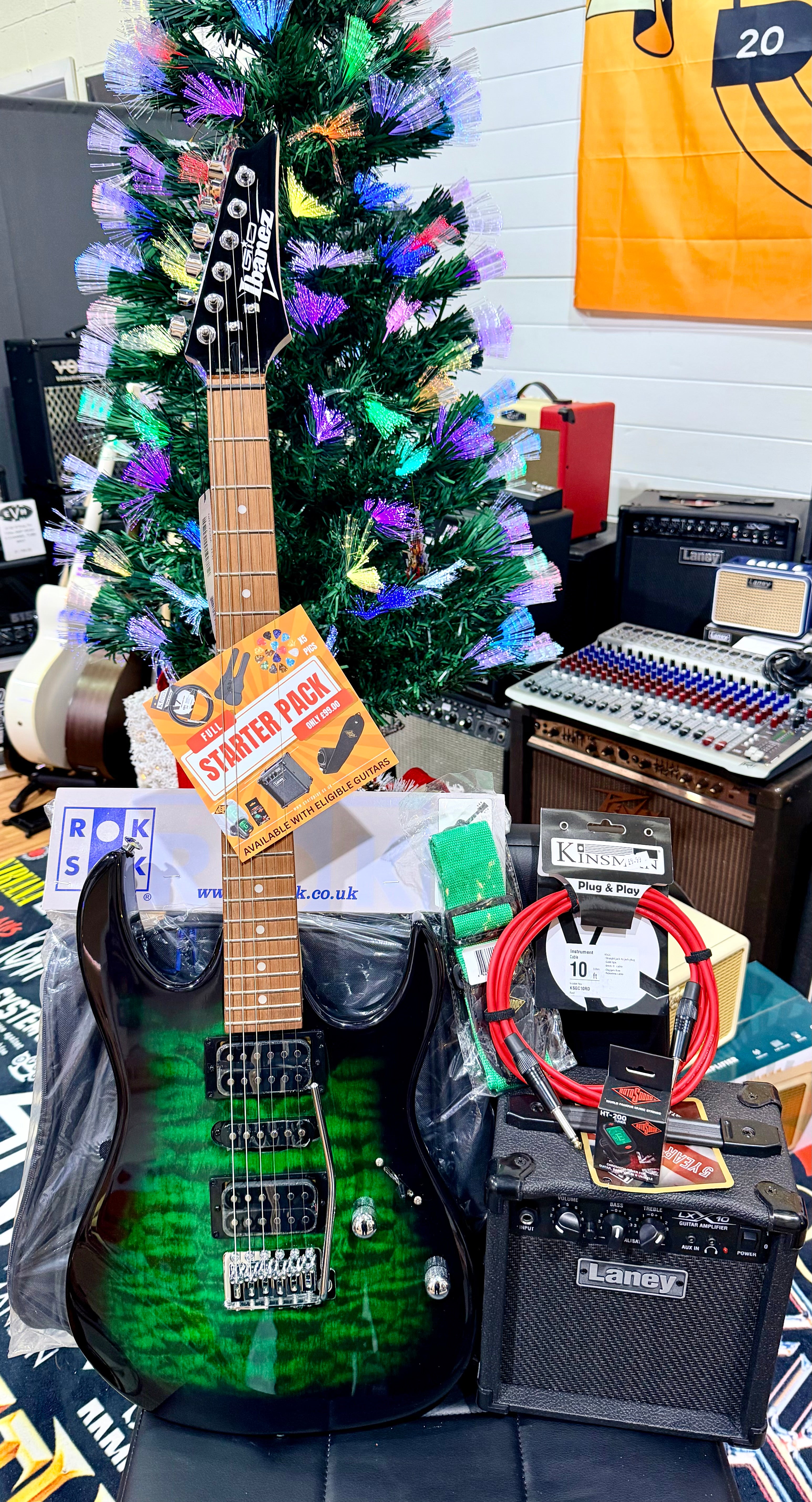 π ELECTRIC GUITAR STARTER PACK π Ibanez Gio GRX70QEB~ Trans Emerald Burst + Laney Amp, Bag, Tuner