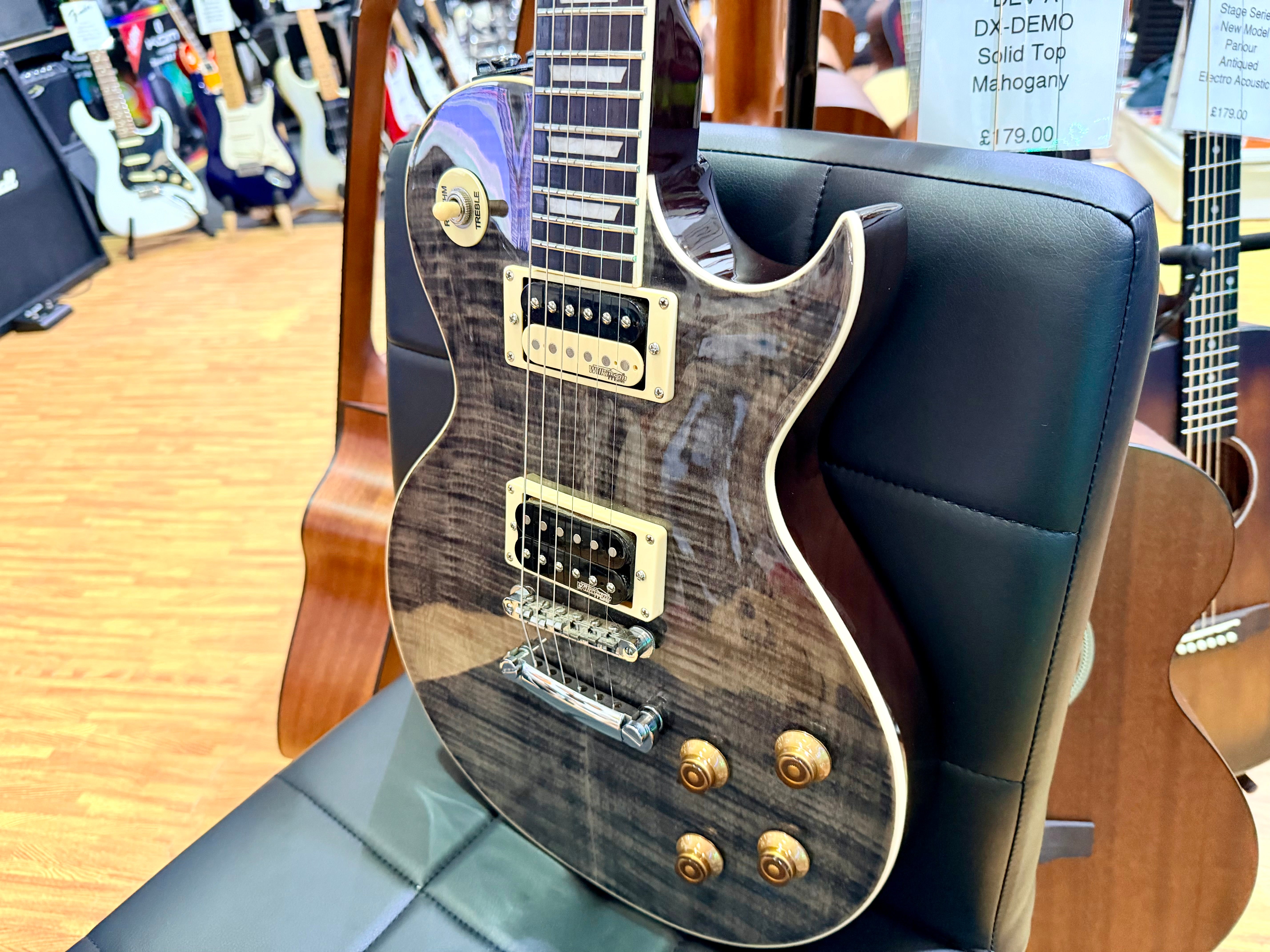 🔥MINT🔥 Vintage V100T BK ReIssued Series Electric Guitar~ Flamed Thru Black LP!