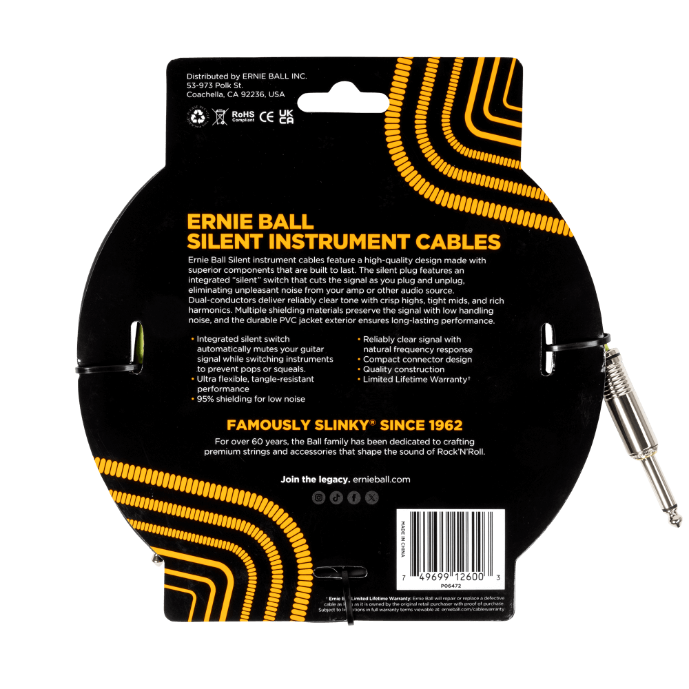 Ernie Ball Silent Instrument Cable 10ft- Black Straight/Straight