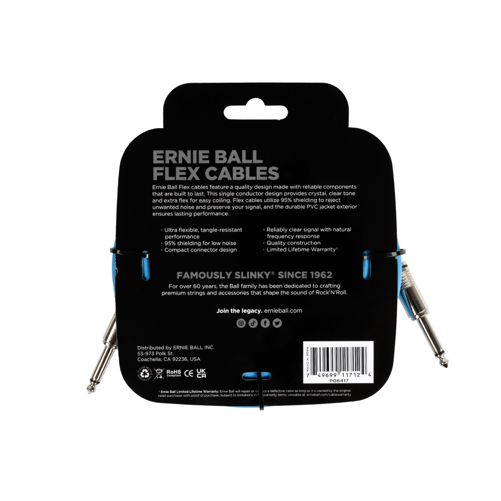 Ernie Ball Flex Instrument Cable- Straight/Straight 20ft- Blue