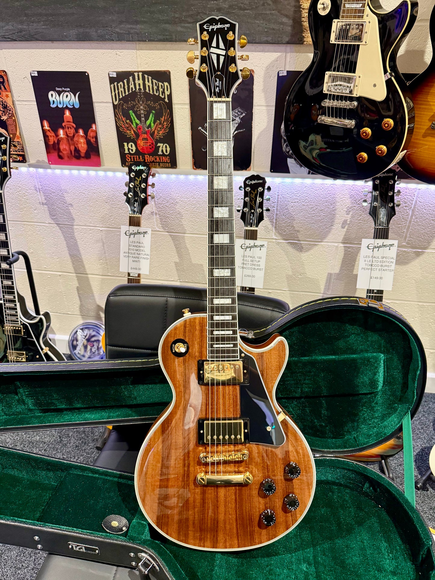 🔥MINT 2022🔥 Epiphone Les Paul Custom Koa Natural~ Gold Hardware~ Hard Case!