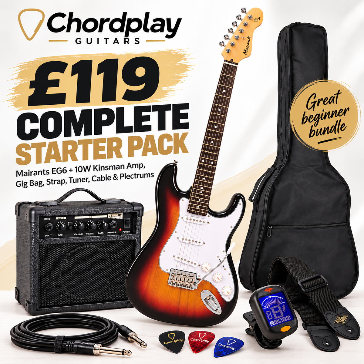 Electric Guitar Starter Pack Mairants EG6 Sunburst 10W Amp Bag Tuner Strap NEW