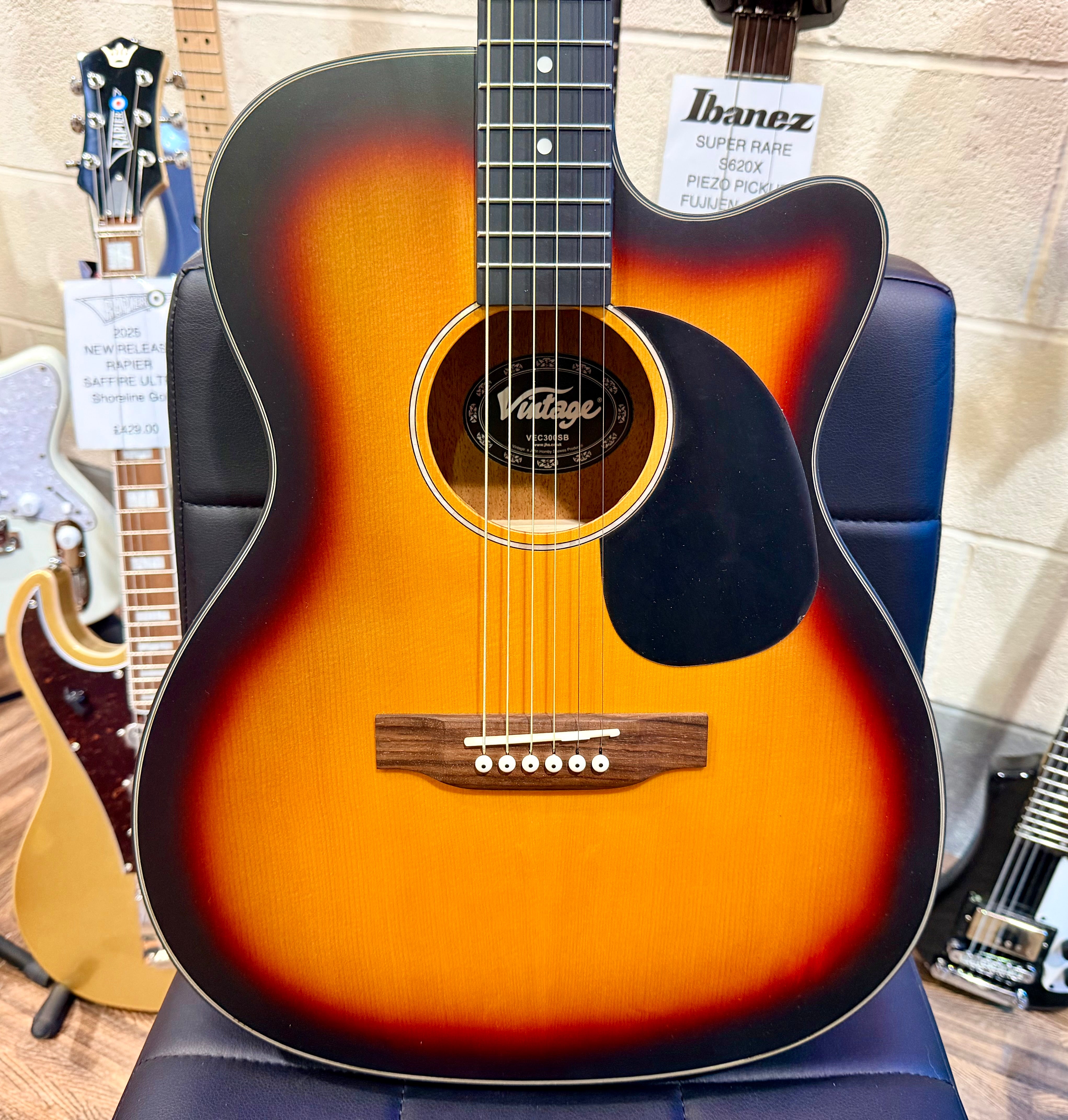 ☀️NEW☀️ Vintage VEC300SB Folk Cutaway Electro-Acoustic Guitar~ Sunburst!
