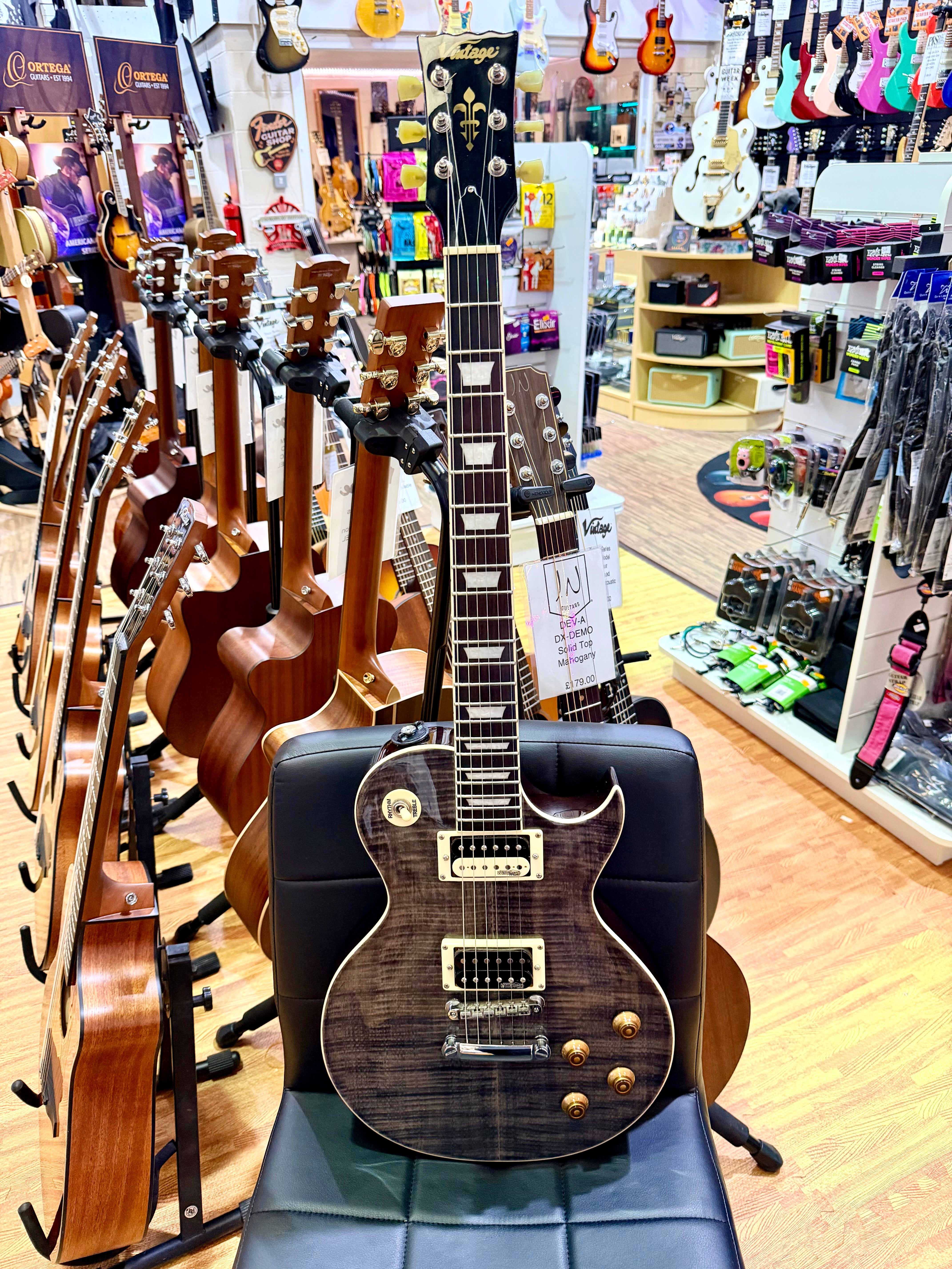 🔥MINT🔥 Vintage V100T BK ReIssued Series Electric Guitar~ Flamed Thru Black LP!