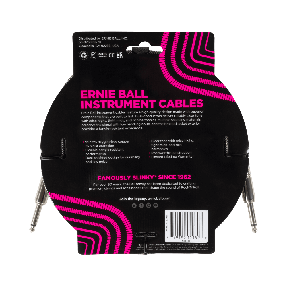 Ernie Ball Braided Instrument Cable- Silver Fox 10ft Straight/Straight