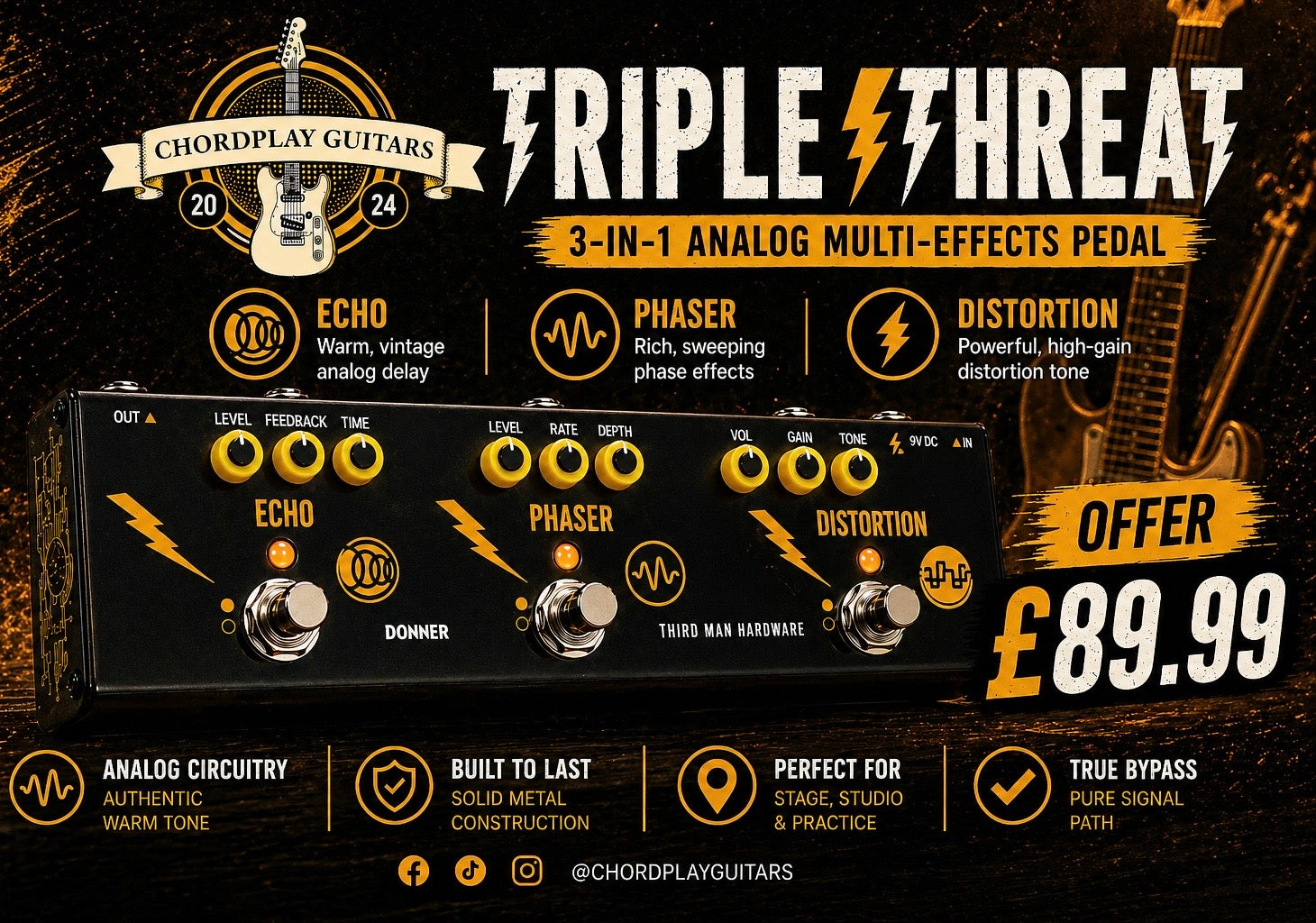 ⚡️ Donner x Third Man Hardware~ Jack White~ Triple Threat~ Multi Effects Pedal ⚡️
