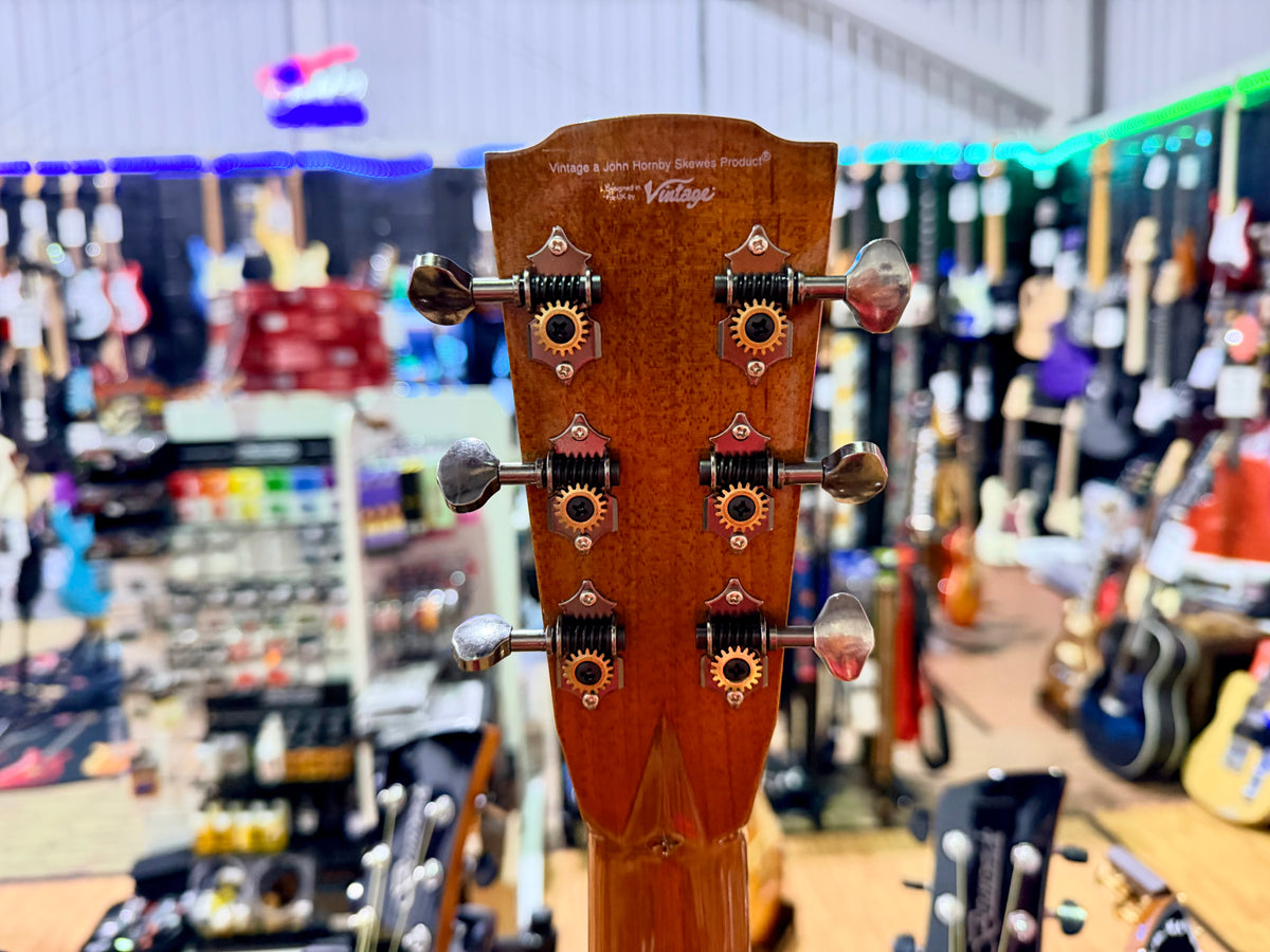 Vintage V900PNC Solid Spruce Parlour Acoustic Guitar~ Orchestral OM Solid Top