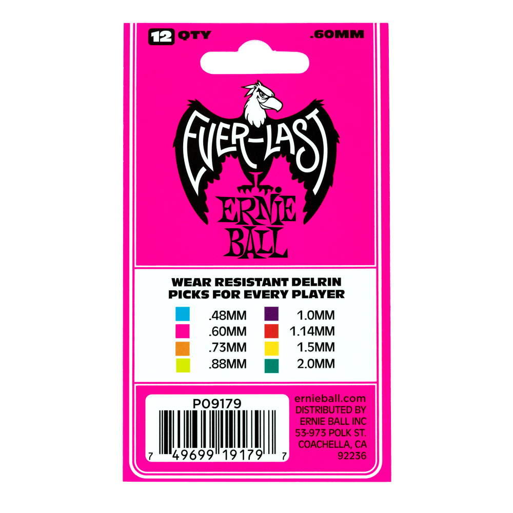 Ernie Ball Everlast Picks- 0.60mm Pink 12 Pack