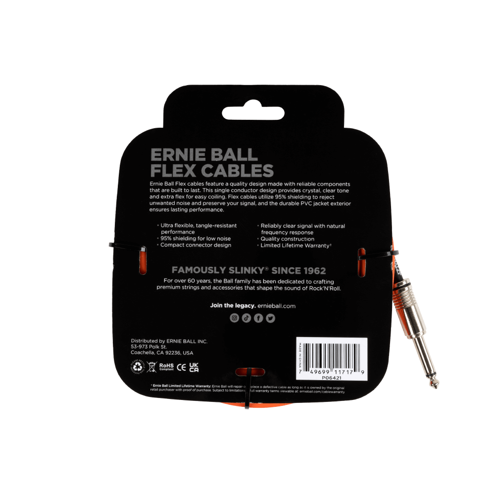 Ernie Ball Flex Instrument Cable- Straight/Straight 20ft- Orange