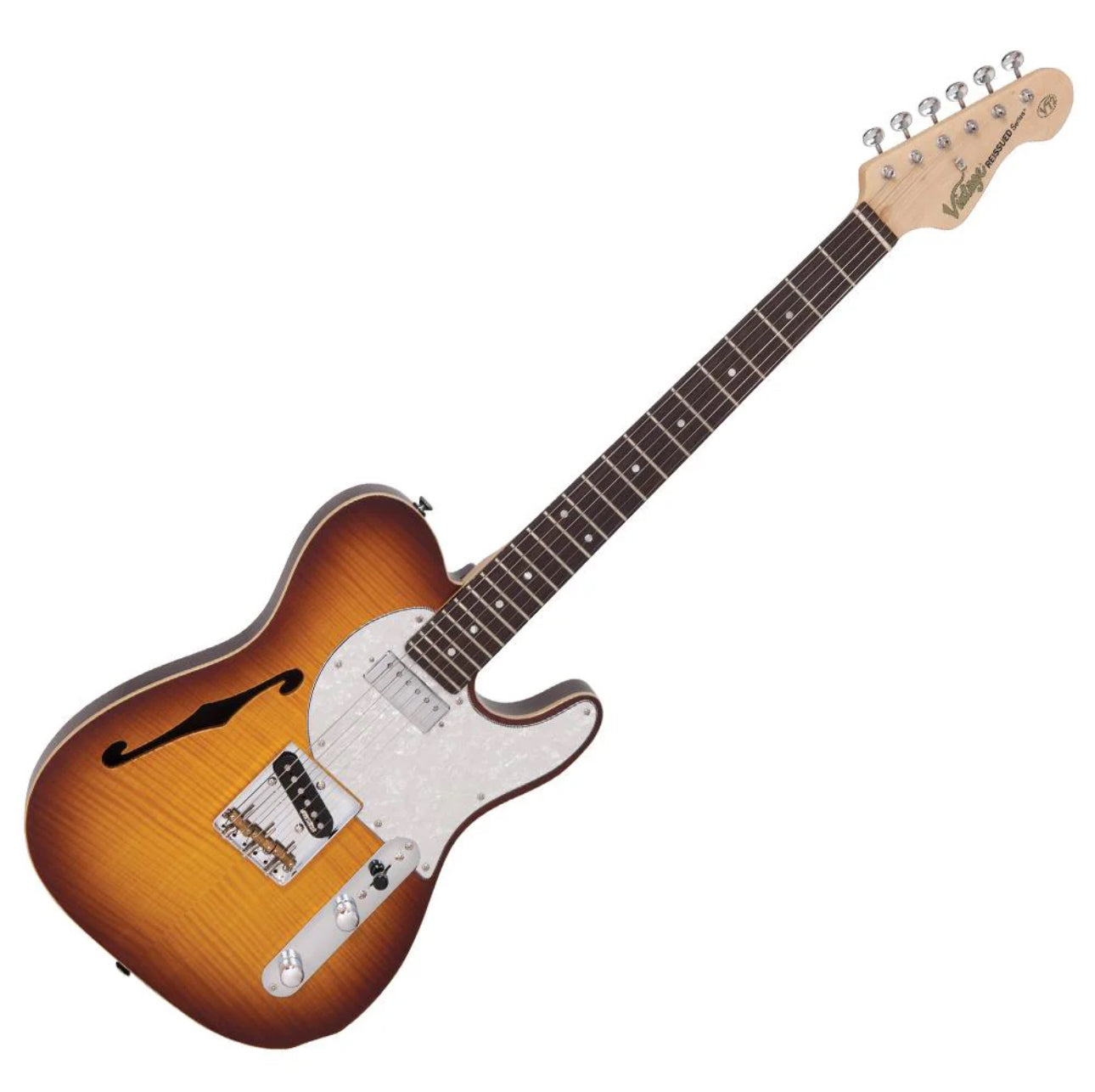 Vintage V72 ReIssued Thinline Tele Semi-Hollow Custom Spec Electric Guitar ~ Flame Tobacco Burst