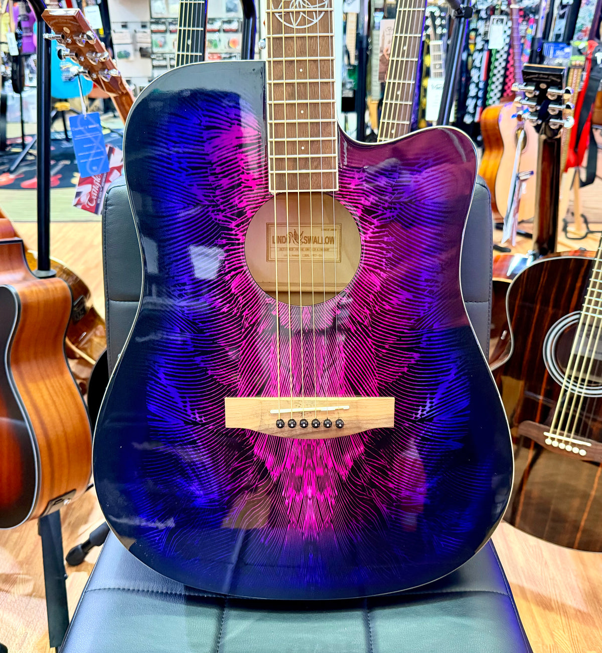 2021 Lindo Swallow Electro-Acoustic Dreadnought Guitar~ Purple/Pink Graphic!