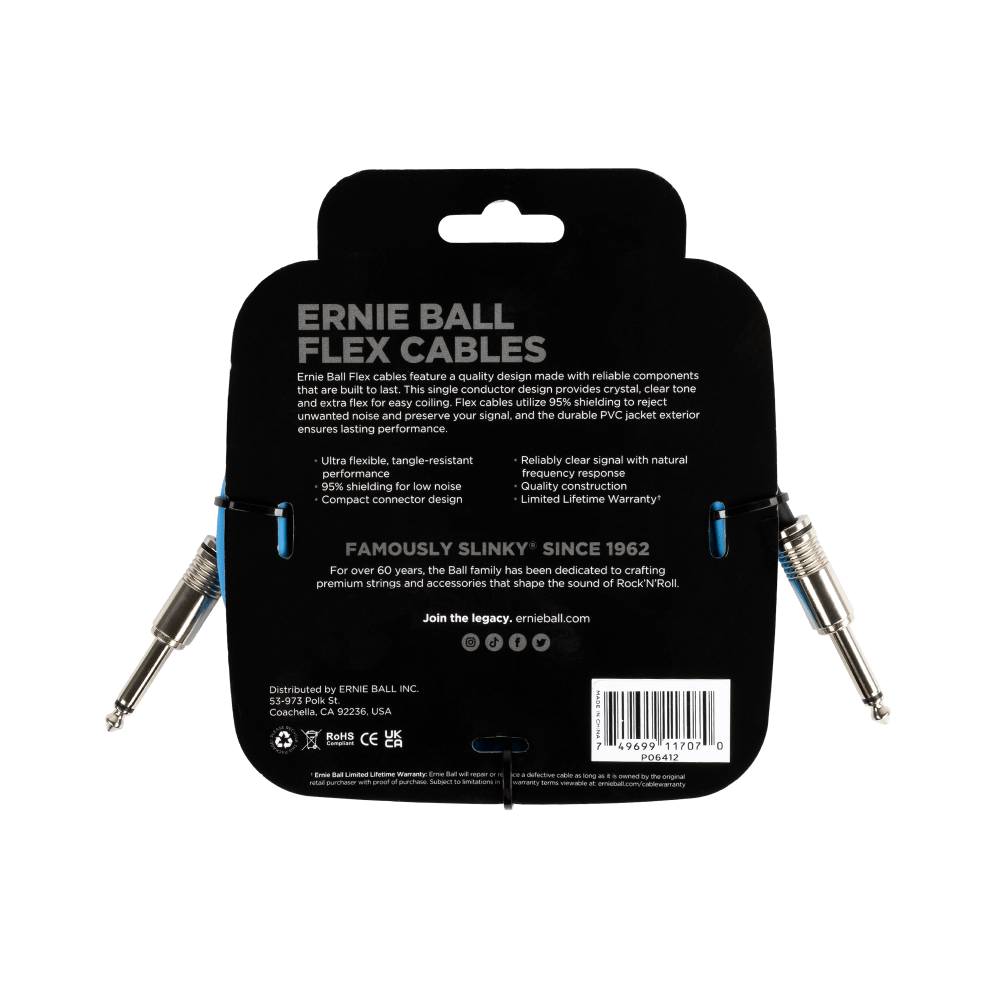 Ernie Ball Flex Instrument Cable- Straight/Straight 10ft- Blue
