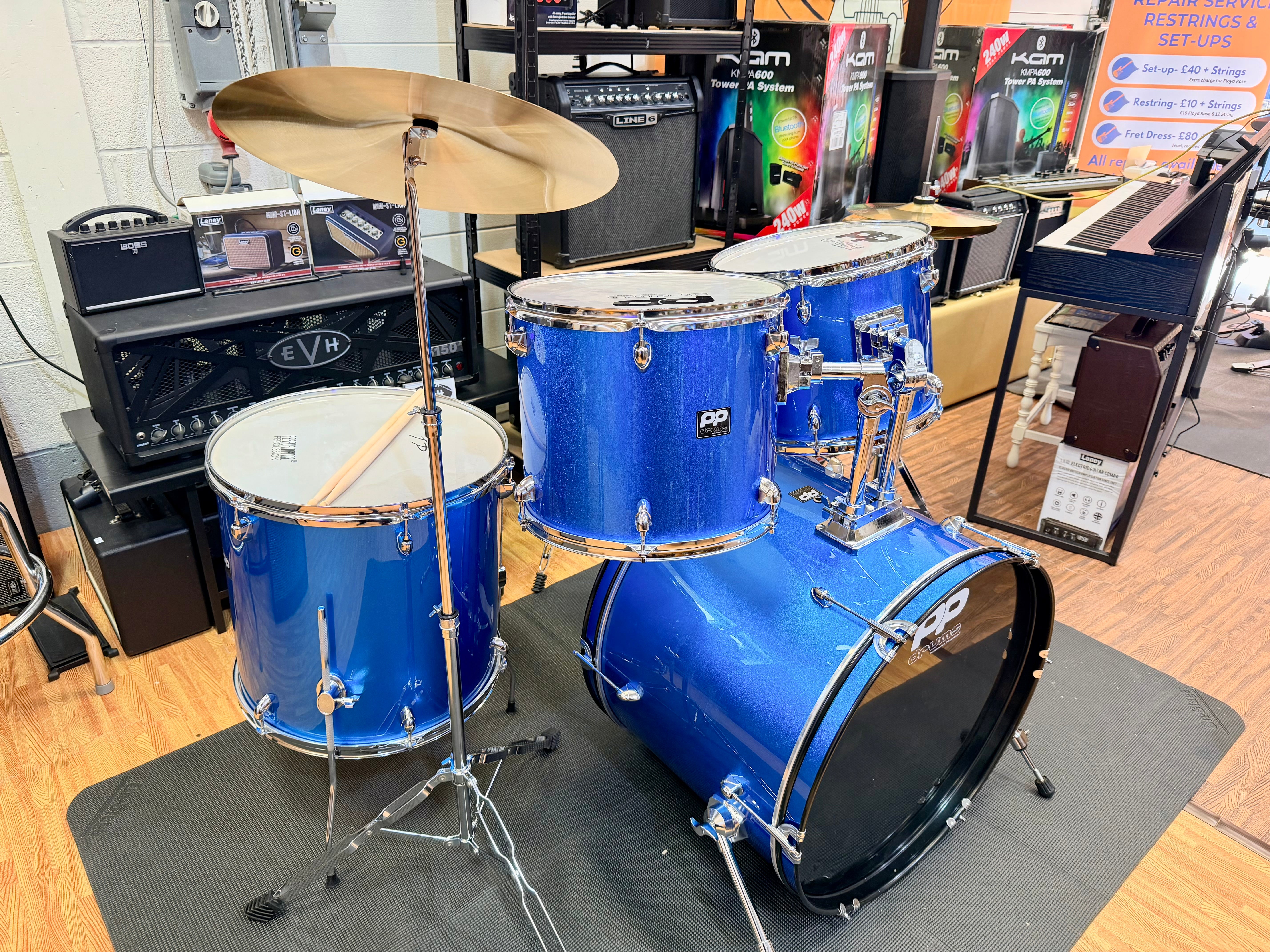 🥁 Performance Percussion PP250 5-Piece Drum Kit~ Metallic Blue Acoustic Set 🥁