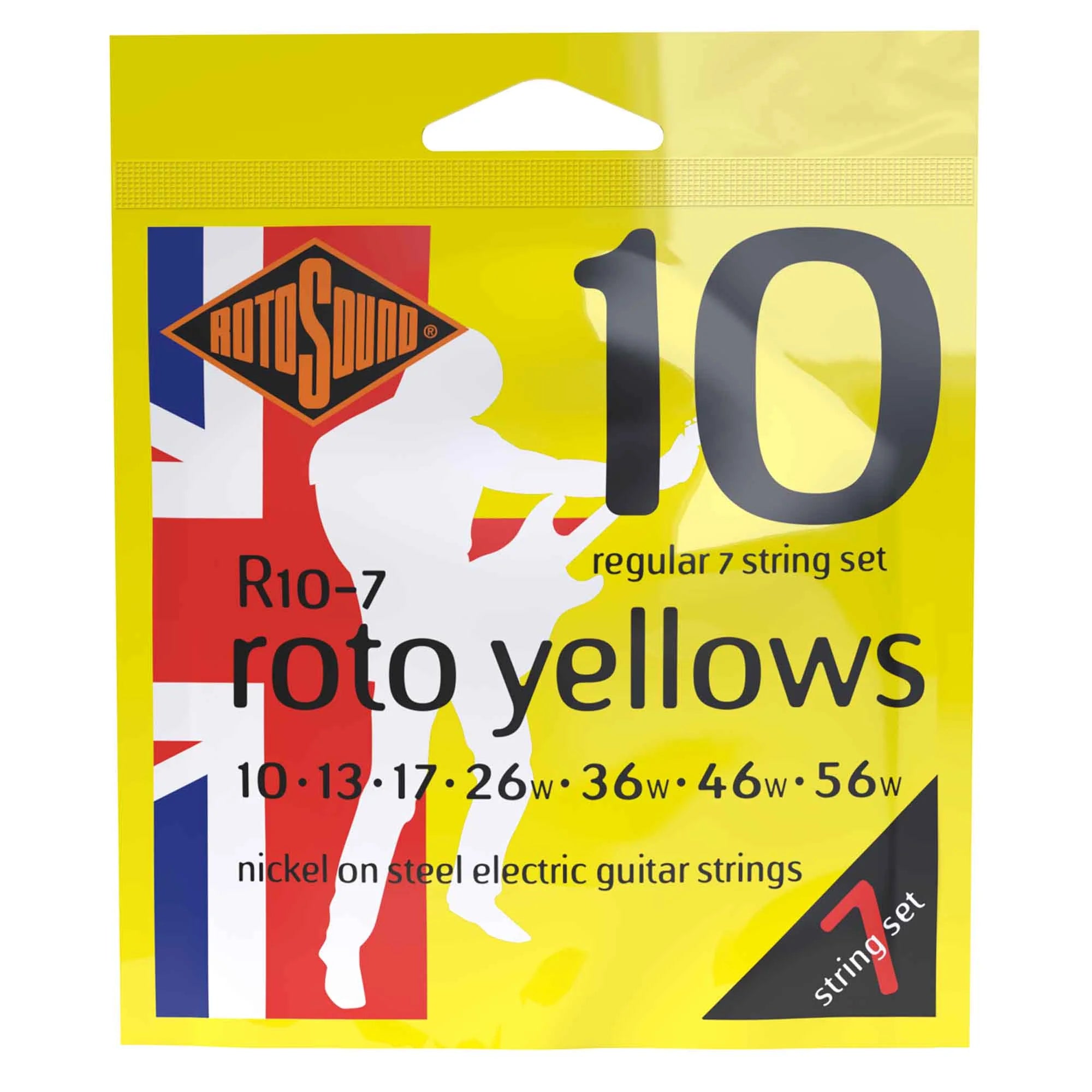 Rotosound R10-7 ROTO Yellows 7-String Nickel Wound 10-56 Electric Guitar Strings, Regular