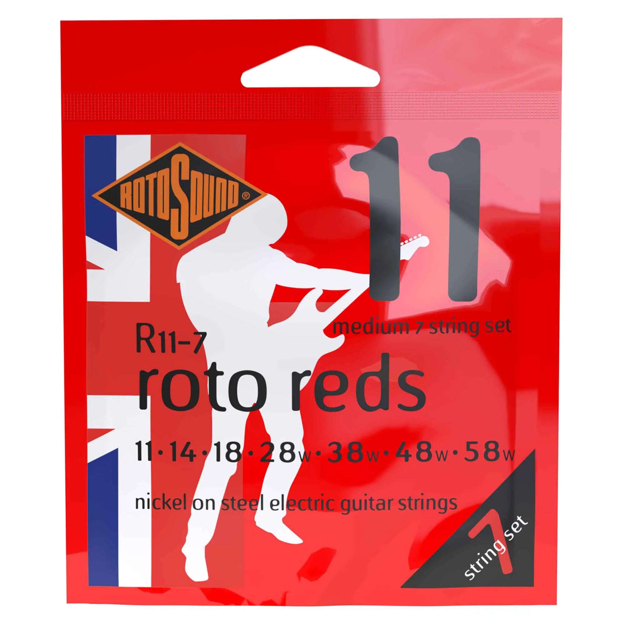 Rotosound R11-7 ROTO Reds 7-String Nickel Wound 11-58 Electric Guitar Strings, Medium