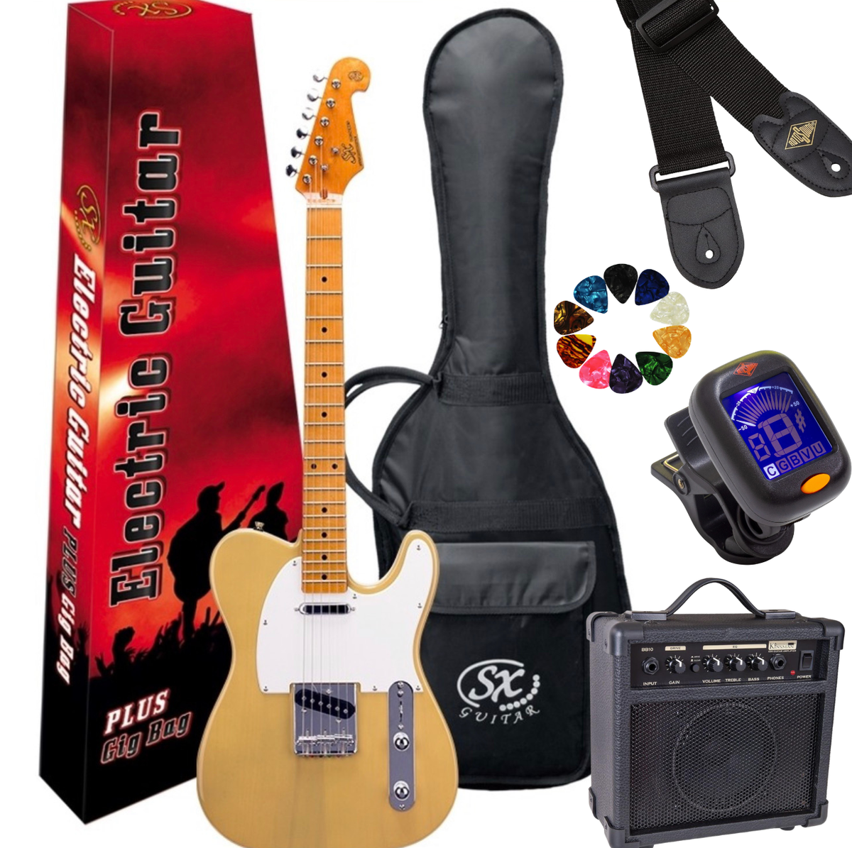 SX STL50+ Butterscotch Blonde Electric Guitar Beginner Bundle~ 10W Amp, Strap