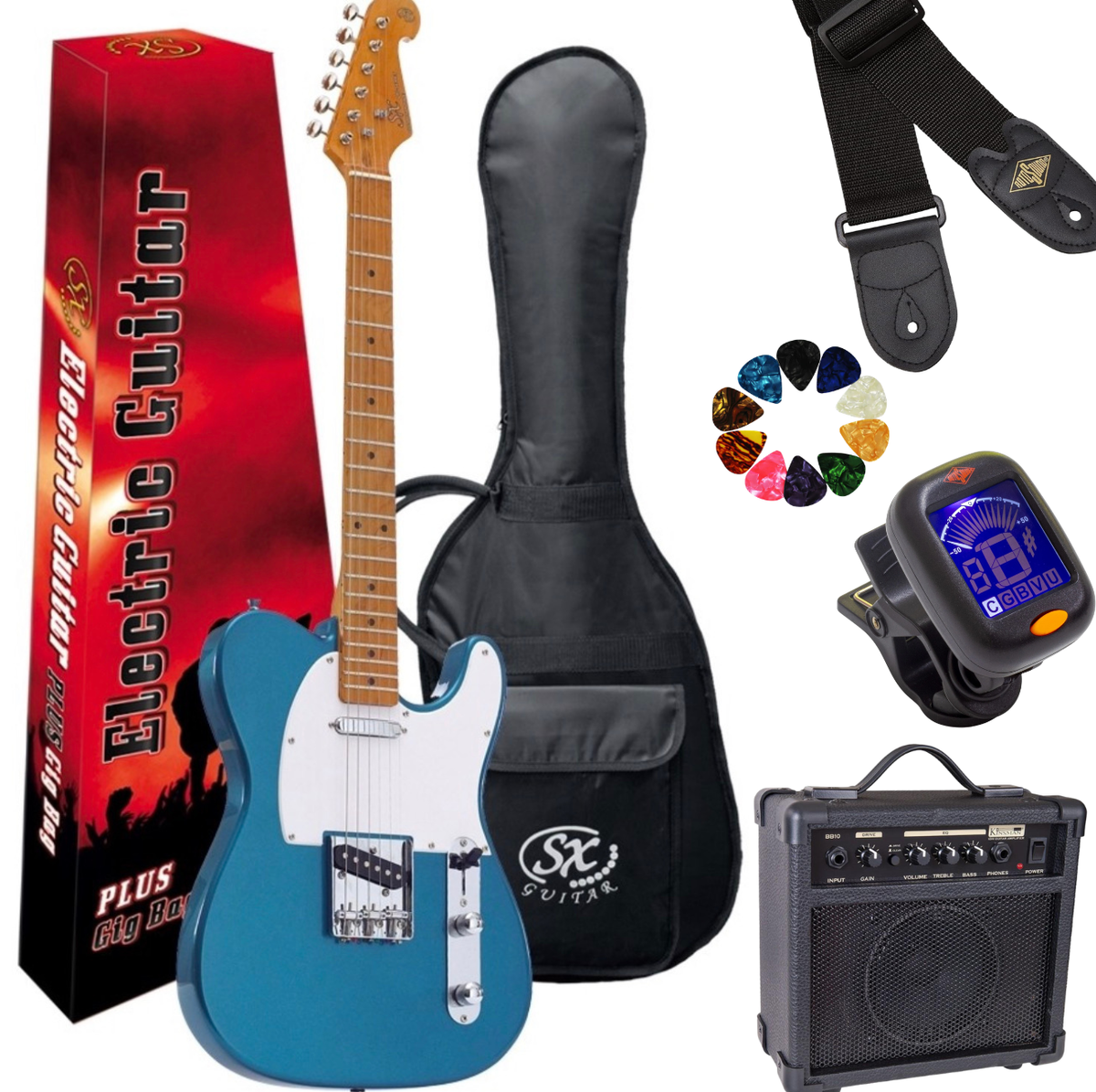 SX STL50+ Lake Placid Blue Electric Guitar Beginner Bundle~ 10W Amp, Strap