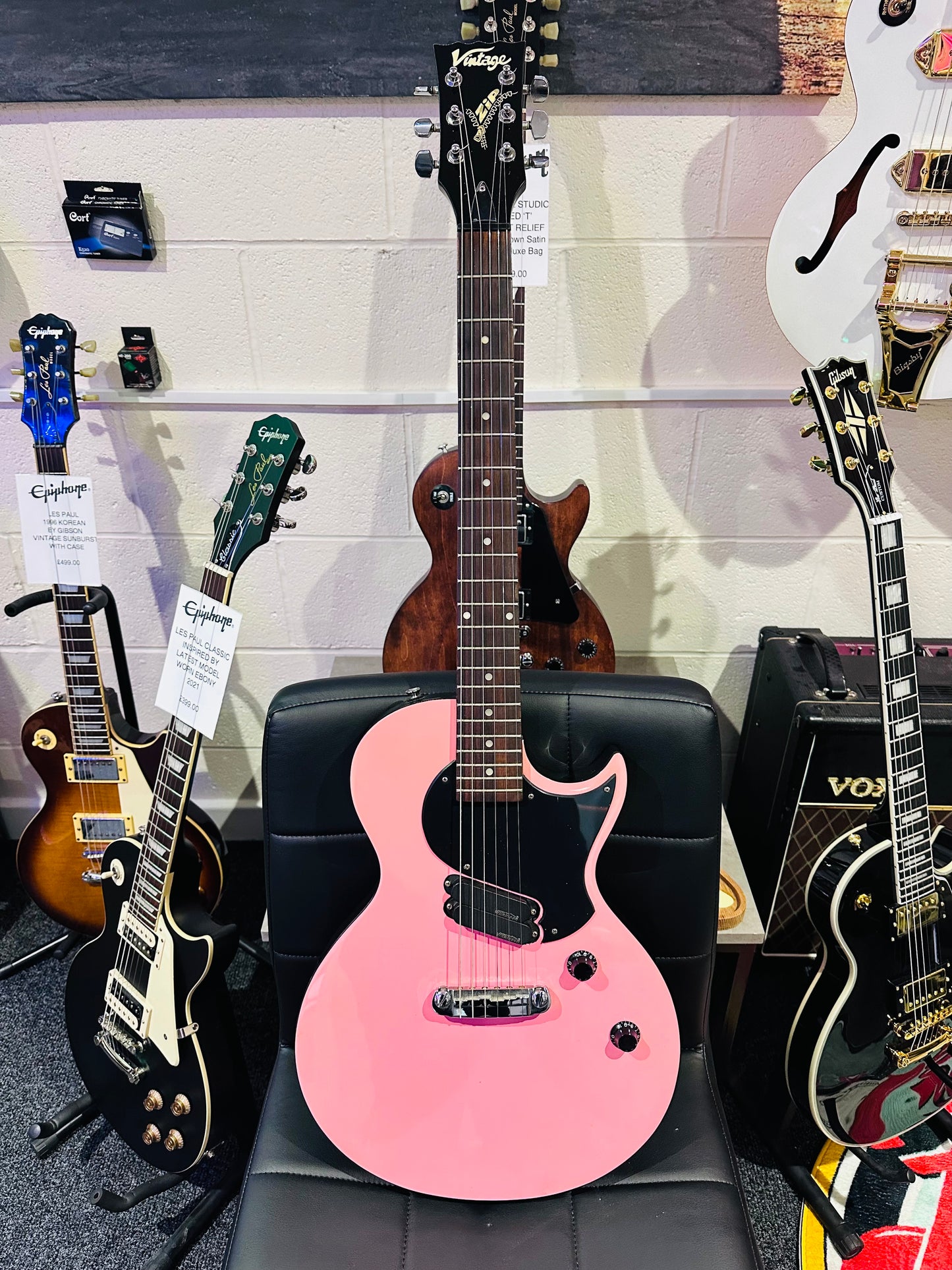 🌟RARE PINK🌟 Vintage ‘JHS’ ZIP Electric Guitar~ Les Paul Junior Shape~Wilkinson