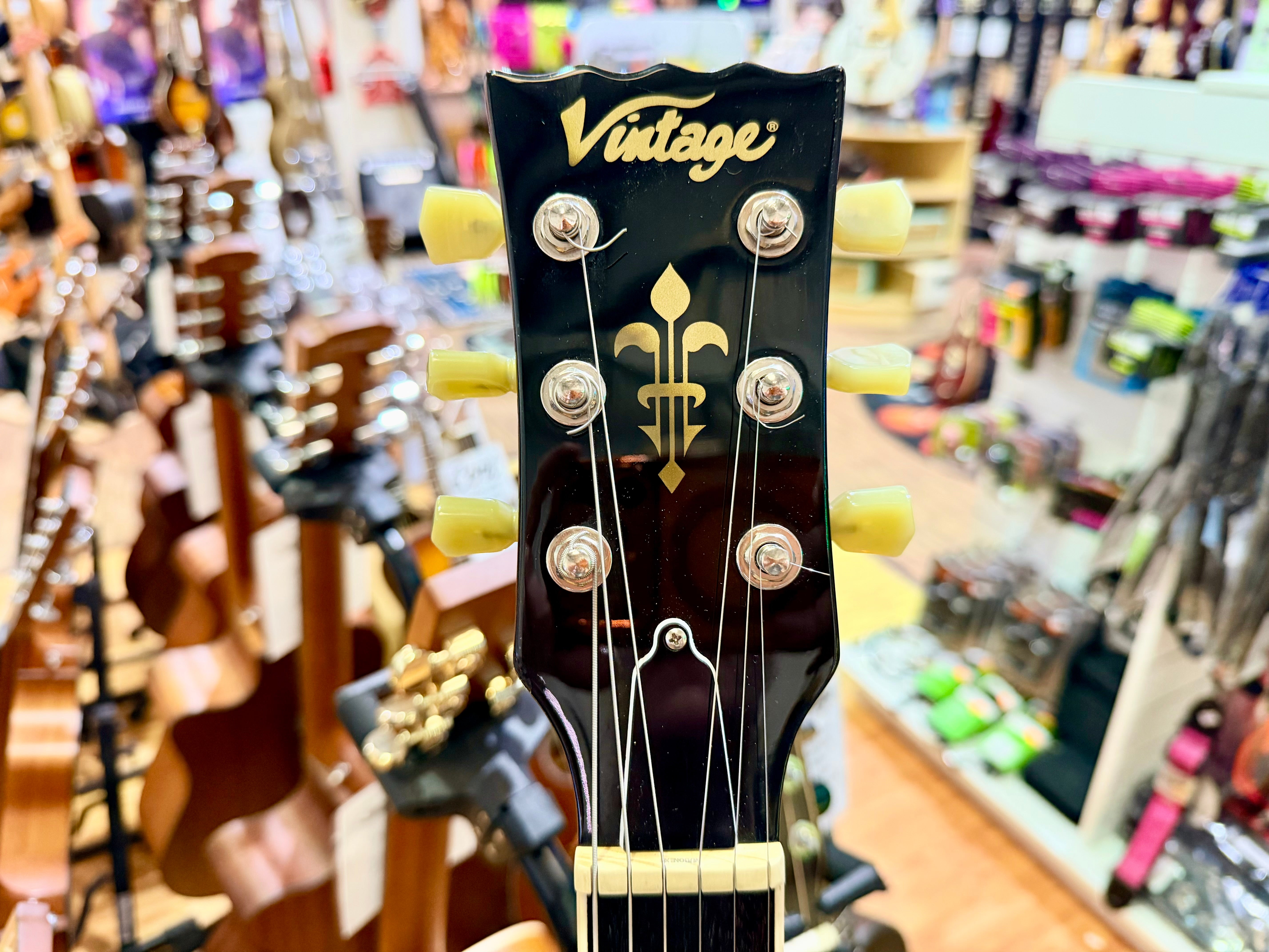 🔥MINT🔥 Vintage V100T BK ReIssued Series Electric Guitar~ Flamed Thru Black LP!