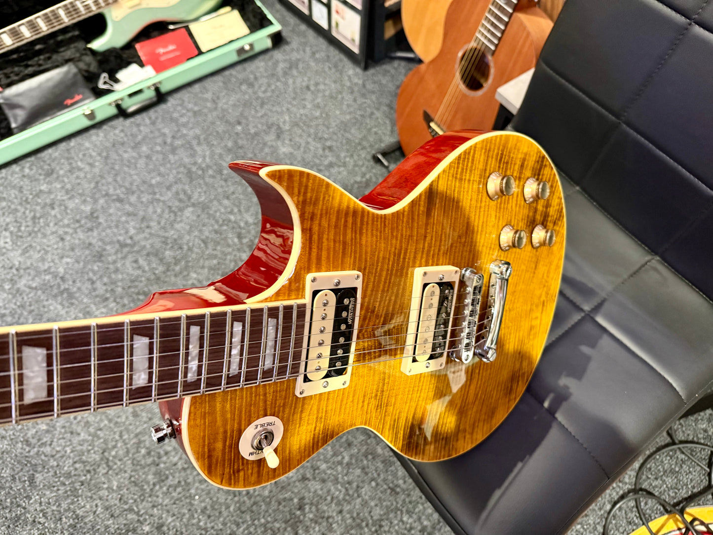 🌟MINT🌟 Vintage V100AFD Flamed Amber Paradise Electric Guitar~ Slash Les Paul!