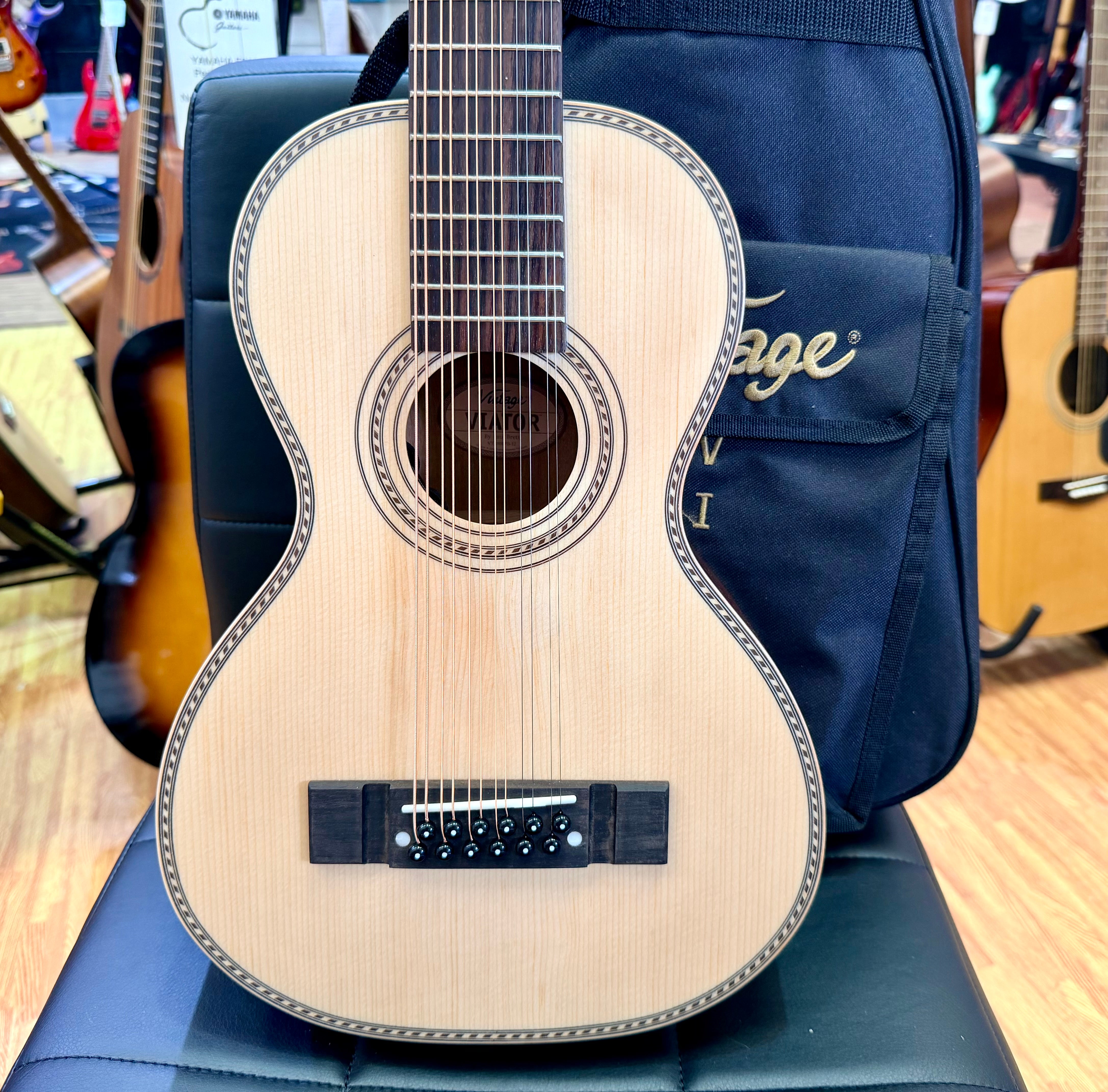 ✨NEW✨ Vintage Paul Brett Viator Electro Acoustic 12 String Travel Guitar + Bag