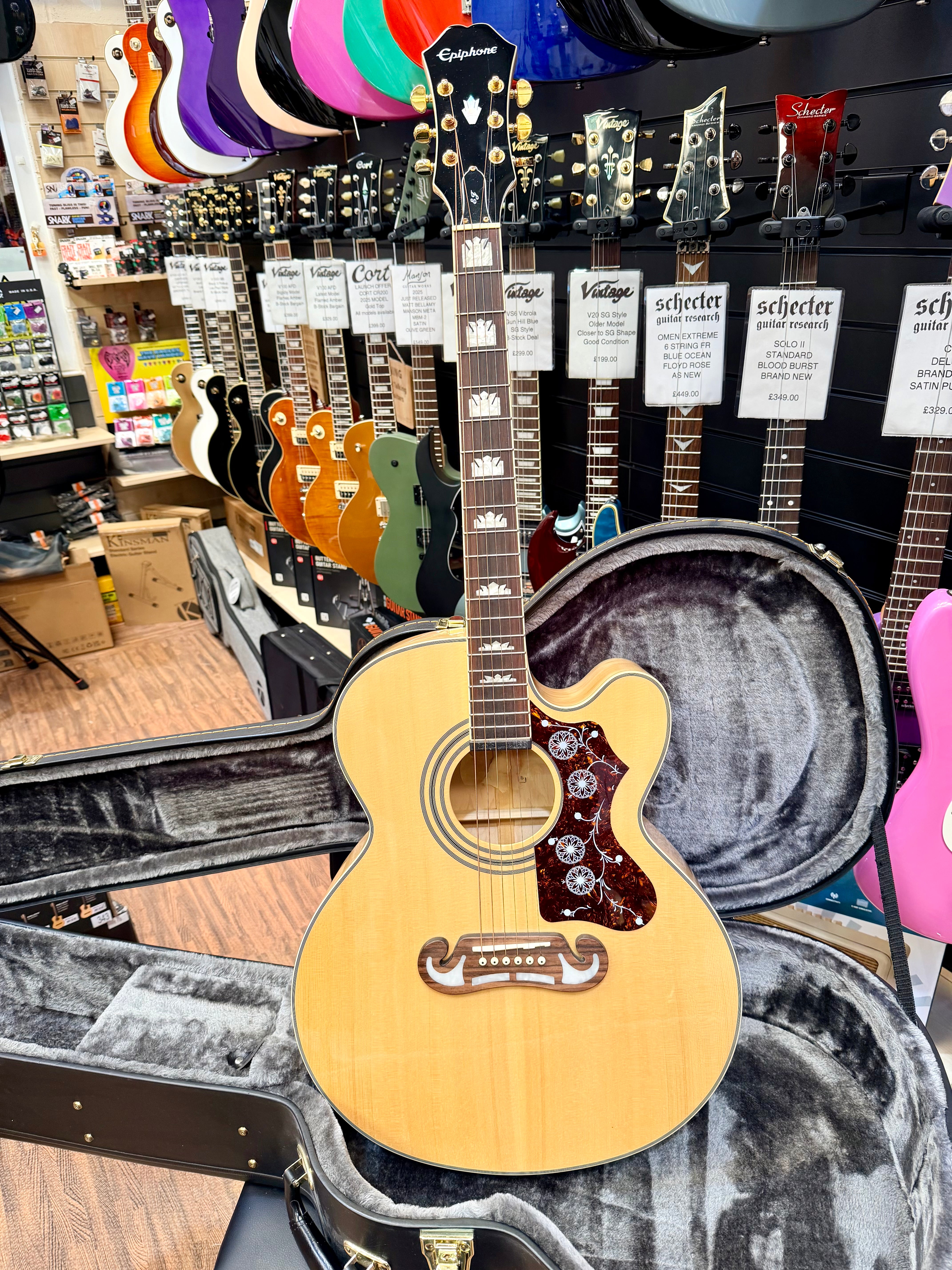 ✨MINT✨ Epiphone EJ-200SCE Jumbo Electro Acoustic~ Natural~ Esonic 2 + H/Case!