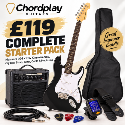 Electric Guitar Starter Pack Mairants EG6 Black 10W Amp Bag Tuner Strap NEW