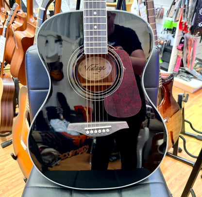 🌟NEW🌟 Vintage VE330 Electro Acoustic Guitar~ Gloss Black~ Solid Spruce Top!