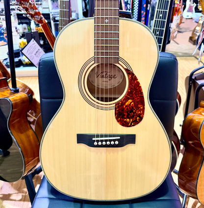 Vintage V900PNC Solid Spruce Parlour Acoustic Guitar~ Orchestral OM Solid Top
