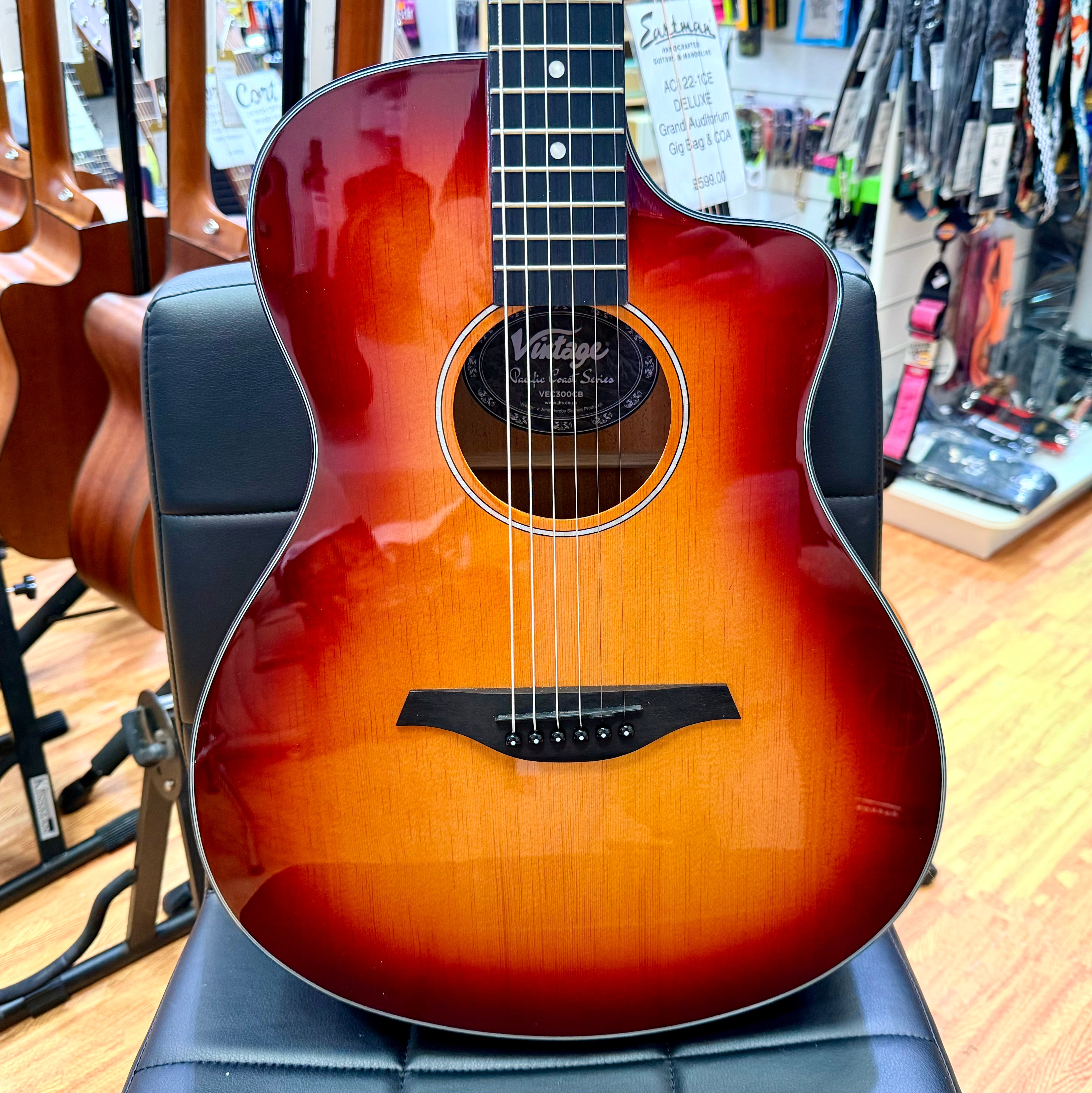 ✨NEW✨ Vintage Pacific Coast VEC300CB Electro-Acoustic Guitar~ Cherry Burst!