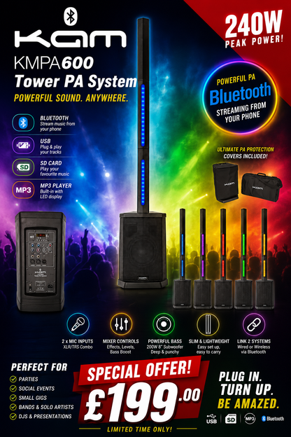 🔈 KAM KMPA600 Tower Compact PA System with Lighting Bluetooth MP3 Mic USB 🔈