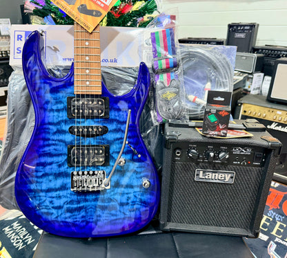 🎁 ELECTRIC GUITAR STARTER PACK 🎁 Ibanez Gio GRX70QBB~ Trans Blue Burst + Laney Amp, Bag, Tuner