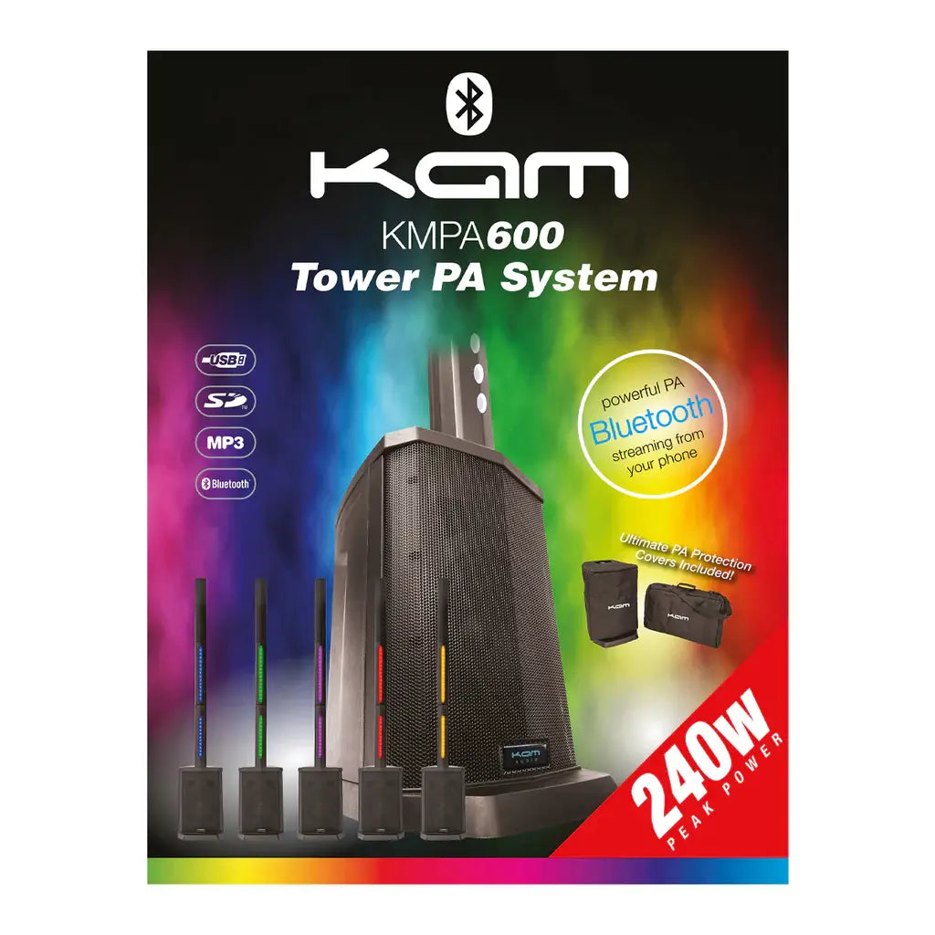 🔈 KAM KMPA600 Tower Compact PA System with Lighting Bluetooth MP3 Mic USB 🔈