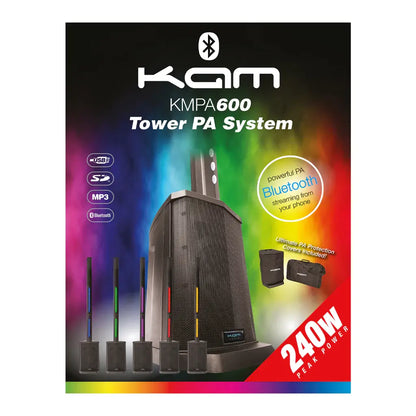 🔈 KAM KMPA600 Tower Compact PA System with Lighting Bluetooth MP3 Mic USB 🔈
