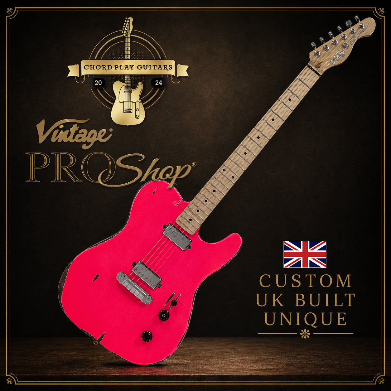 🇬🇧 Vintage V52 ProShop Unique Guitar~ Light Distressed Shocking Pink 🇬🇧