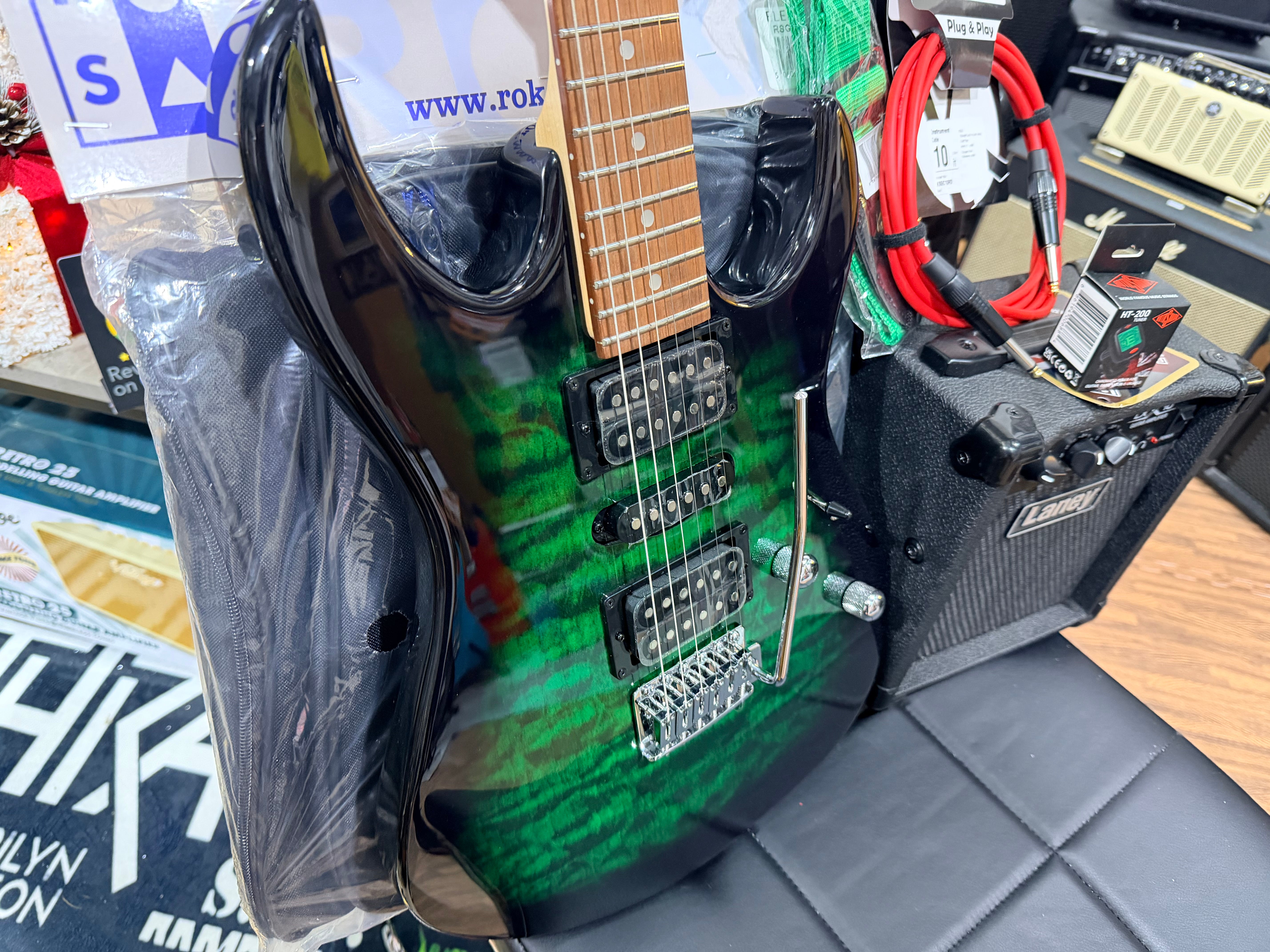 🎁 ELECTRIC GUITAR STARTER PACK 🎁 Ibanez Gio GRX70QEB~ Trans Emerald Burst + Laney Amp, Bag, Tuner