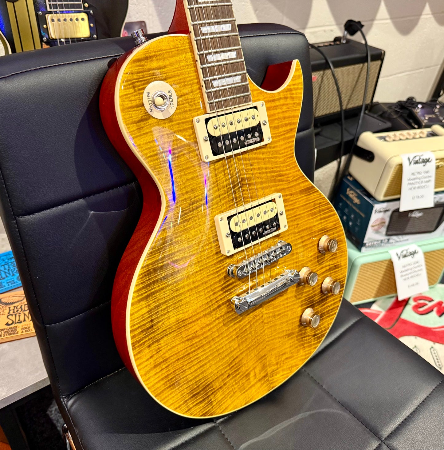 🌟MINT🌟 Vintage V100AFD Flamed Amber Paradise Electric Guitar~ Slash Les Paul!